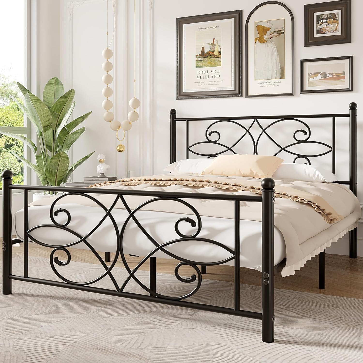 VECELO Queen Size Bed Frame Metal Platform Bed with Headboard and Footboard, Heavy Duty Mattress Foundation, No Box Spring Needed, Easy Assembly, Black