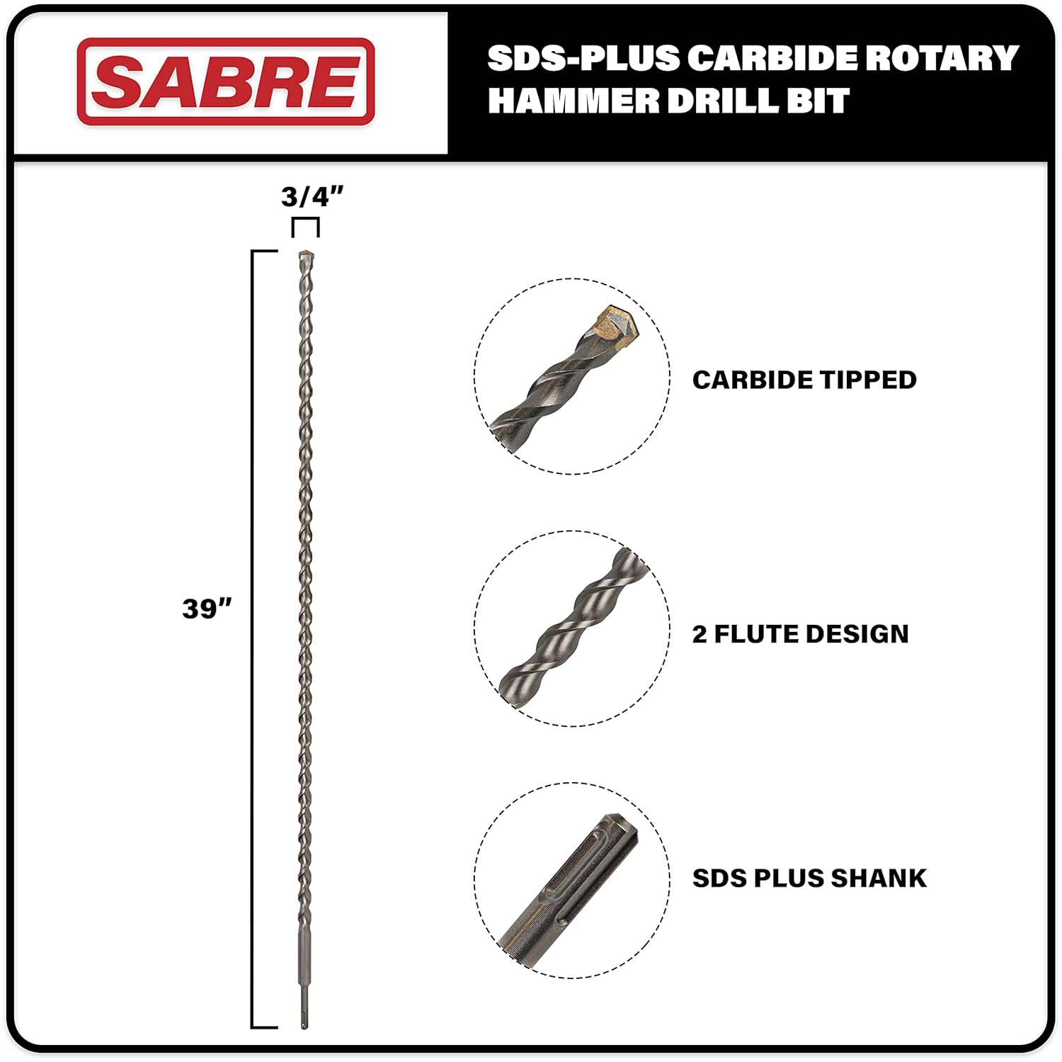 3/4 Inch x 39 Inch SDS Plus Rotary Hammer Drill Bit, Carbide Tipped for Brick, Stone, Concrete (3/4