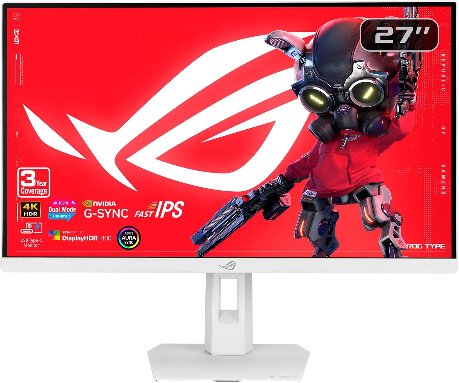 ASUS ROG Strix 27” 4K HDR USB-C Gaming Monitor (XG27UCGR-W) – Dual Mode (4K 162Hz or FHD 485Hz), 0.3ms, Fast IPS, Extreme Low Motion Blur Sync, GSYNC Compatible, DisplayWidget, 3 yr Warranty