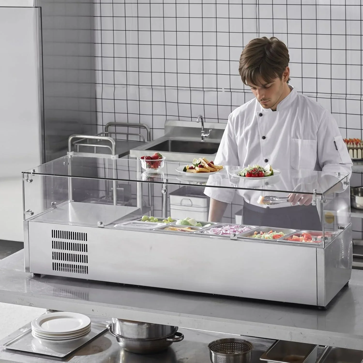 Refrigerated Condiment Prep Station, 135 W Countertop Refrigerated Condiment Station, with 2 1/3 Pans & 4 1/6 Pans, 304 Stainless Body and PC Lid, Sandwich Prep Table with Stainless Guard, ETL