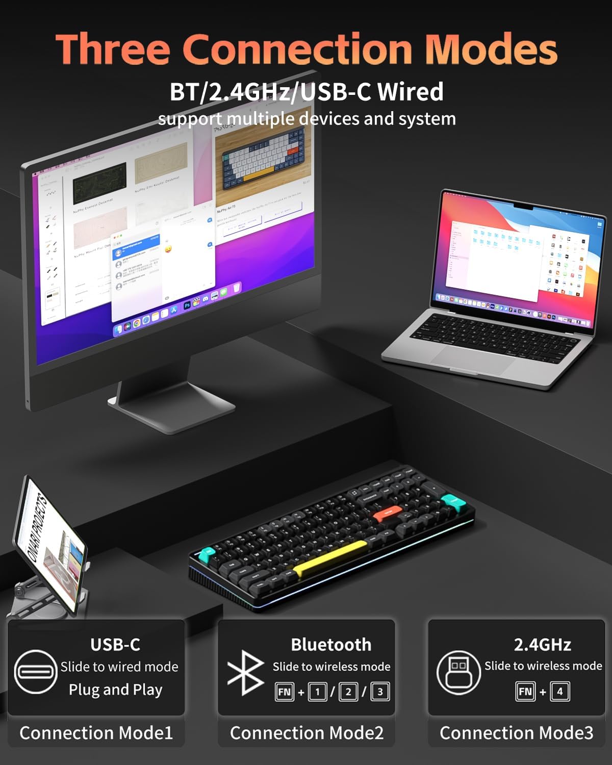 NuPhy Halo V2 IO Wireless Mechanical Keyboard with PBT Keycaps,Hot Swappable Custom Gaming Keyboard,Aluminum Alloy Frame,RGB Backlit,Gasket Structure,BT5.0/USB-C/2.4GHz Low Latency Office Keyboards