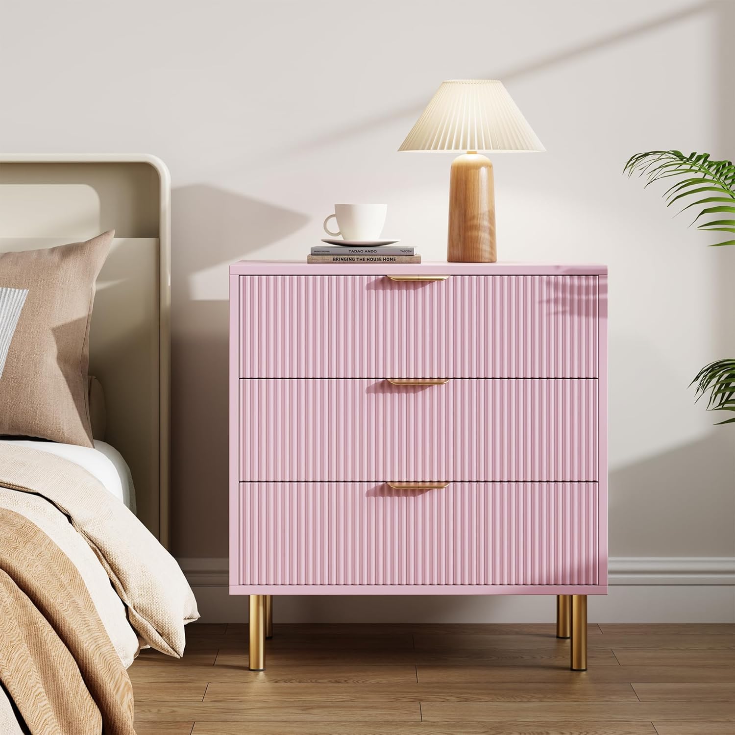 IDEALHOUSE Pink Dresser, Modern 3 Drawer Dresser for Bedroom with Gold Handle and Large Drawer, Wood Double Chest of Drawers and Storage Organizer for Living Room, Hallway, Entryway