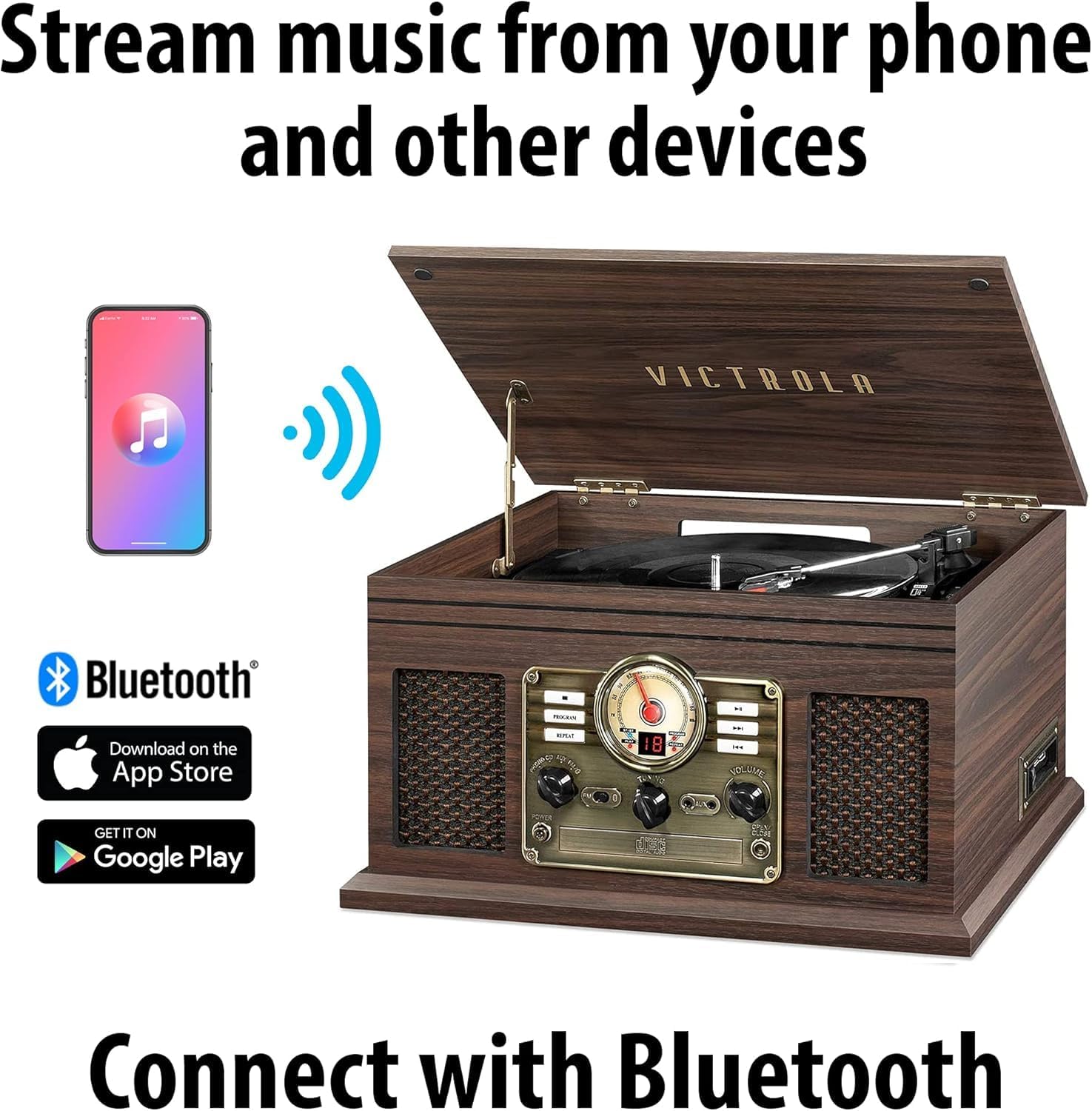Victrola Hawthorne – 3-Speed (33 1/3, 45, 78 RPM) Bluetooth Record Player with CD, Cassette, FM Radio, & Built-in Stereo Speakers, RCA Out & Aux in, Wireless Music Streaming (Espresso)