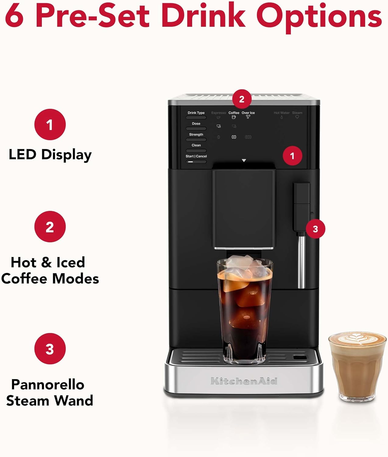 KitchenAid Fully Automatic Espresso Machine KF2 with 6 Hot and Iced Coffee Options | Built-In Grinder | Steam Wand, Black Matte KES8452