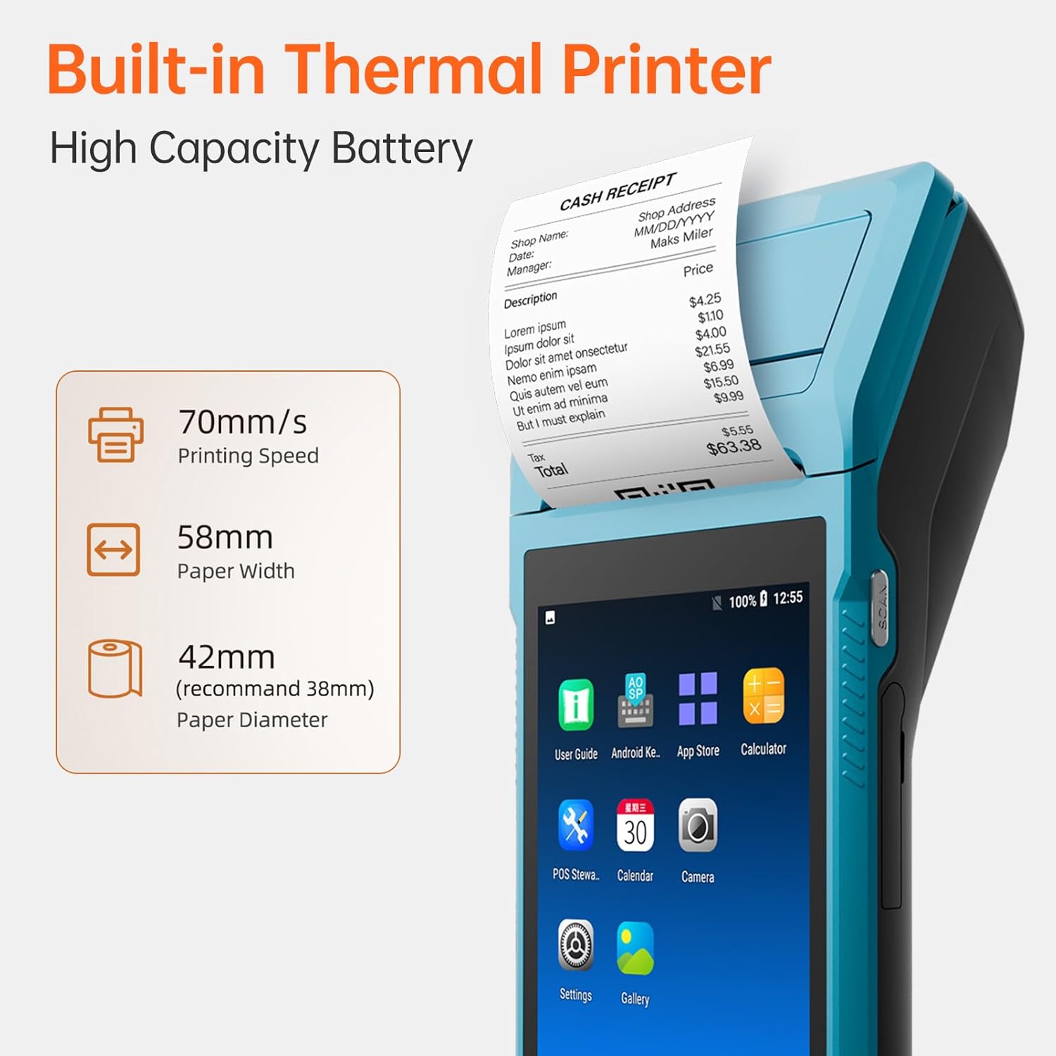 Bisofice POS Receipt Printer, Android 8.1 OS Mobile POS, 58mm Receipt Printer, 5.45
