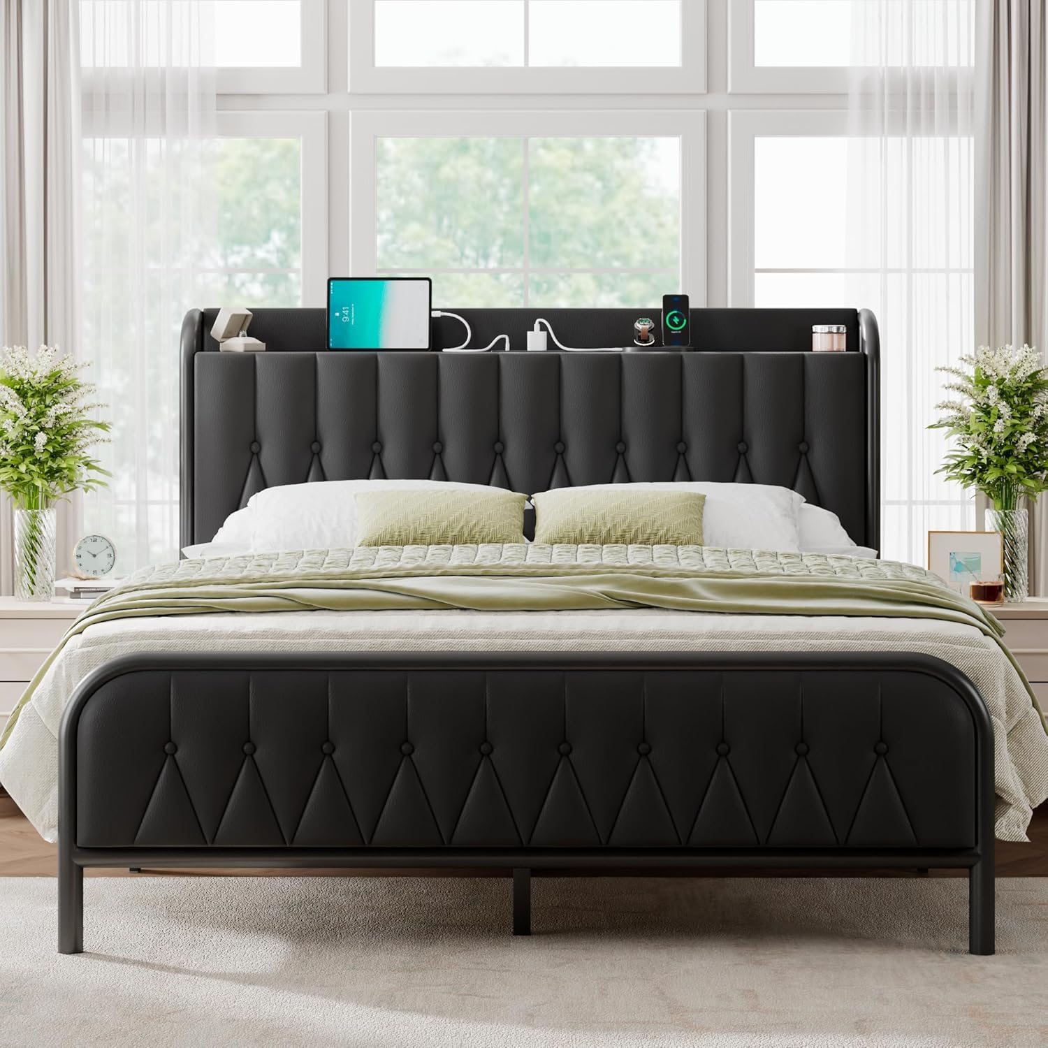 Queen Bed Frame with Fast Charging Station, Leather Queen Size Metal Platform Beds with Upholstered Headboard & Footboard,12