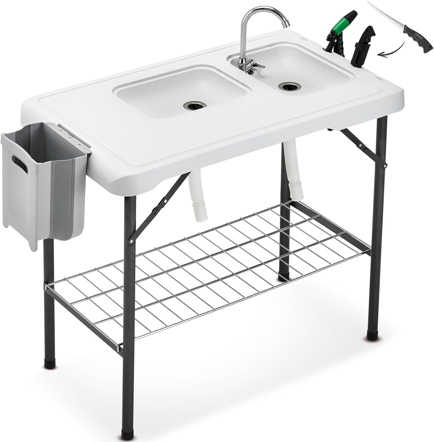 Folding Fish Cleaning Table Portable Camping Double Sinks Table w/2 Dual Water Basins, Faucet Drainage Hose & Sprayer Outdoor Fish Fillet Cleaning Station w/Knife, Storage Box,Black | Portable