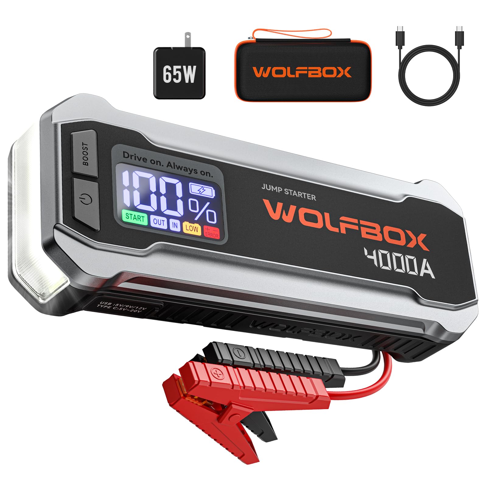 WOLFBOX 4000A Portable Car Jump Starter with Quick Charger