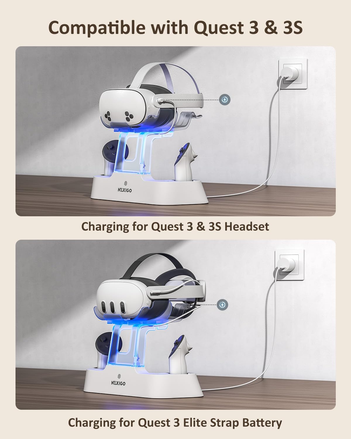 NexiGo Enhanced Charging Dock for Meta Quest 3 and 3S, with LED Light On/Off, Support Elite Strap with Battery, Headset Display Holder and Controller Mount, Rechargeable Batteries, White