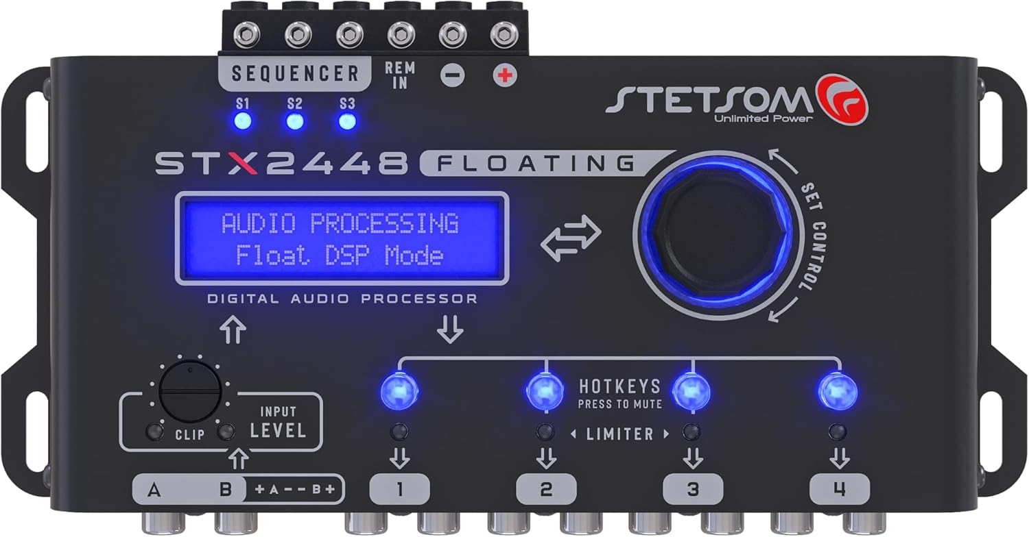 Stetsom STX2448 FLOATING PRO - Full Professional DSP, Digital Signal, Processor PRO, Crossover & Graphic Equalizer 15 Bands, Remote Sequencer, Subharmonic Bass, RCA & HIGH Input, Limiter Peak & RMS