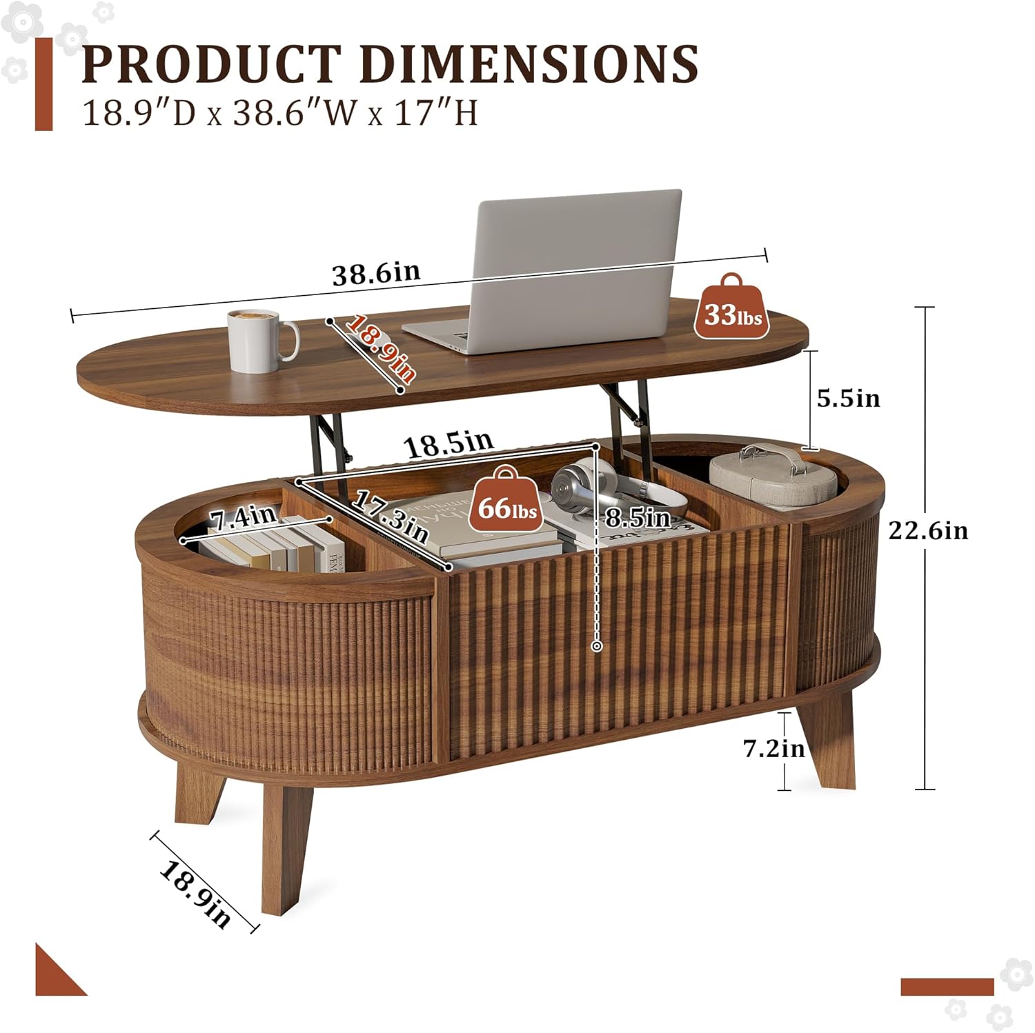 LYNCOHOME Fluted Lift Top Coffee Table with Storage,Modern Oval Coffee Table for Living Room or Home Office（Walnut）
