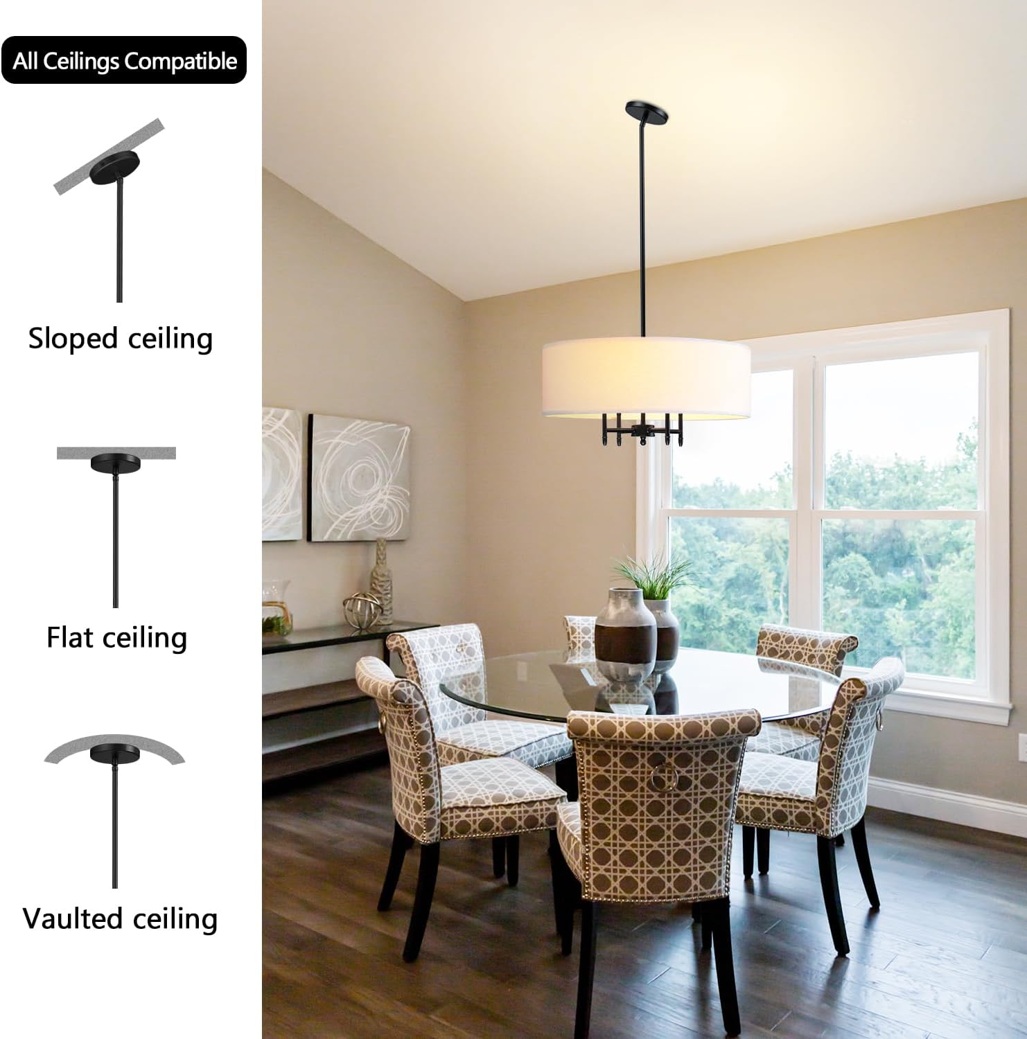 Untrammelife Drum Pendant Chandelier 4-Lights Black Ceiling Hanging Light Fixture with 20