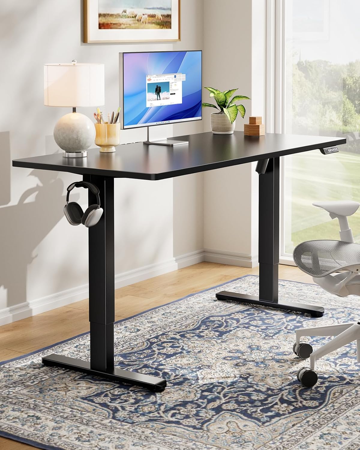 HUANUO Electric Standing Desk, Whole Piece Desktop, Adjustable Height Computer Desks, 4 Height Memory Settings, Sit Stand Up Desk for Home Office, 48