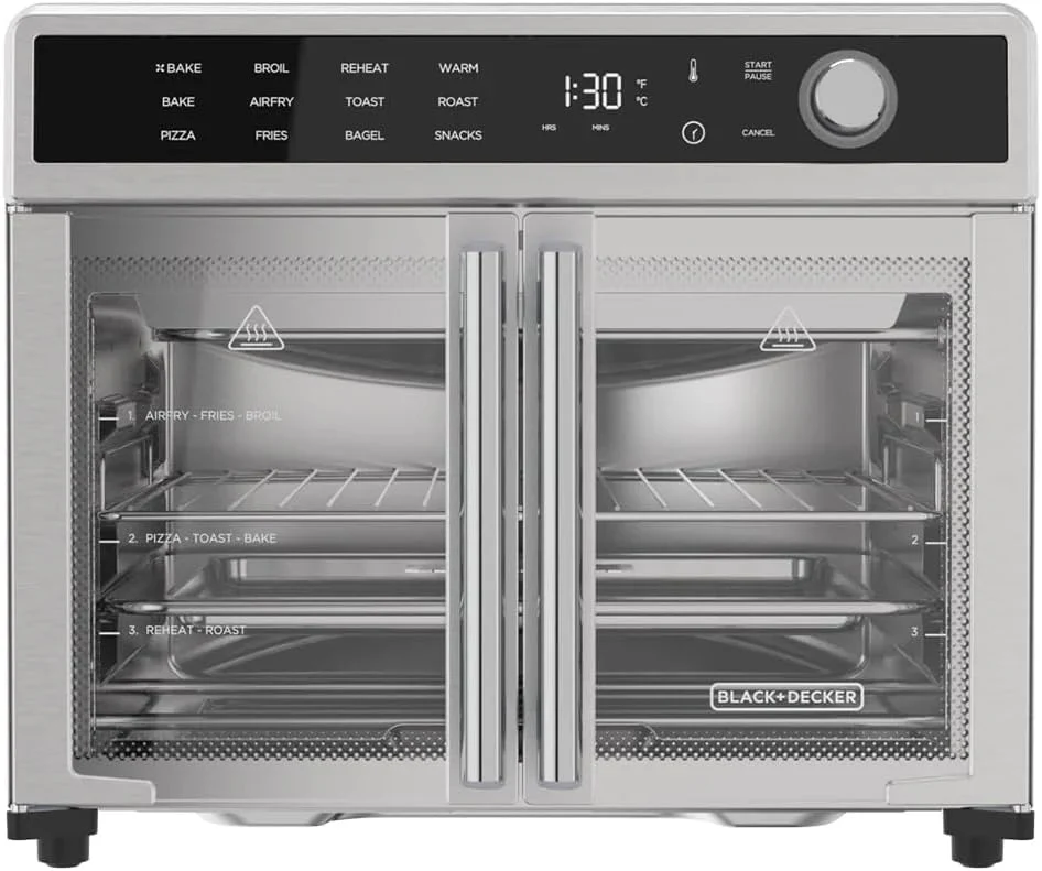 Crisp 'N Bake Air Fryer Toaster Oven Combo, 12 in 1 Countertop Convection Oven Cooks Food Fast, Fits a Whole Pizza or 6 Toast Slices, French Doors with Stainless Steel Finish