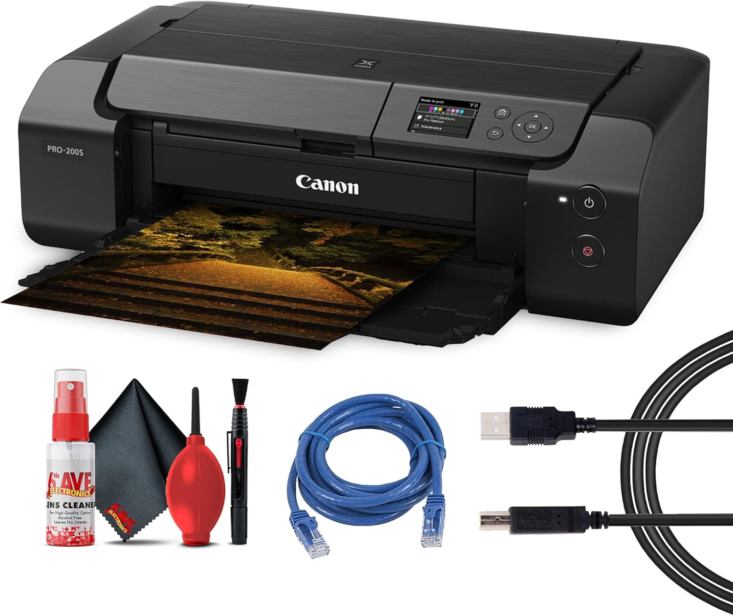 Canon PIXMA PRO-200S Wireless Photo Printer | 13-Inch Borderless Printing | 8-Color Dye Ink for Photographers & Designers (6875C002) + Cleaning Kit + Printer Cable + Ethernet Cable
