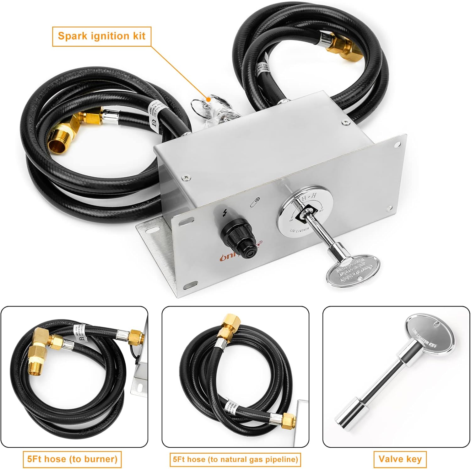 onlyfire All-in-One Natural Gas Fire Pit Ignition System Kit (Includes Electronic Igniter, Key Valve, PVC Hose, Fittings)