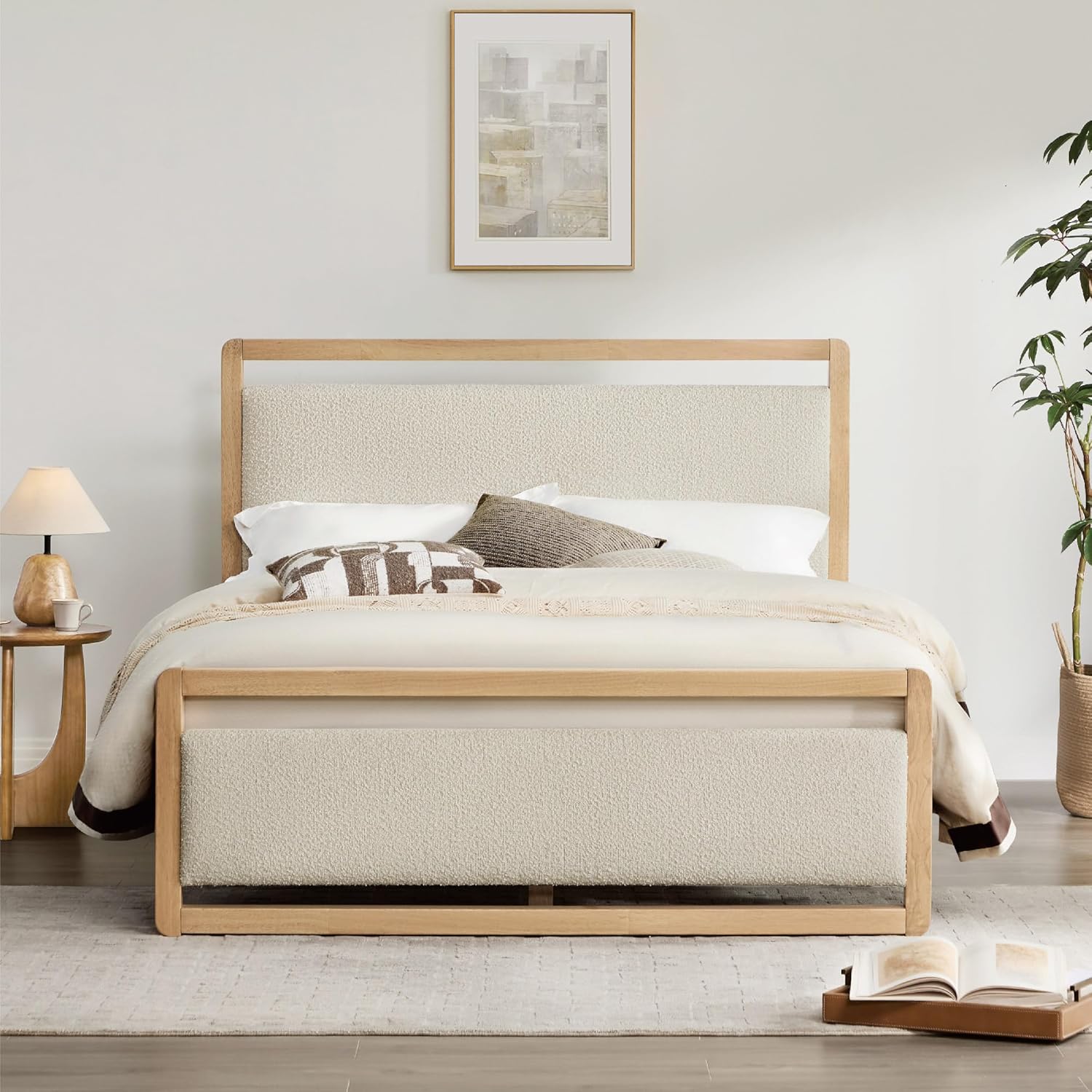 KISLOT Wood Bed Frame with Headboard and Footboard, Mattress Foundation with USB Charging Strong Wooden Slat Support Noise-Free Easy Assembly No Box Spring Needed