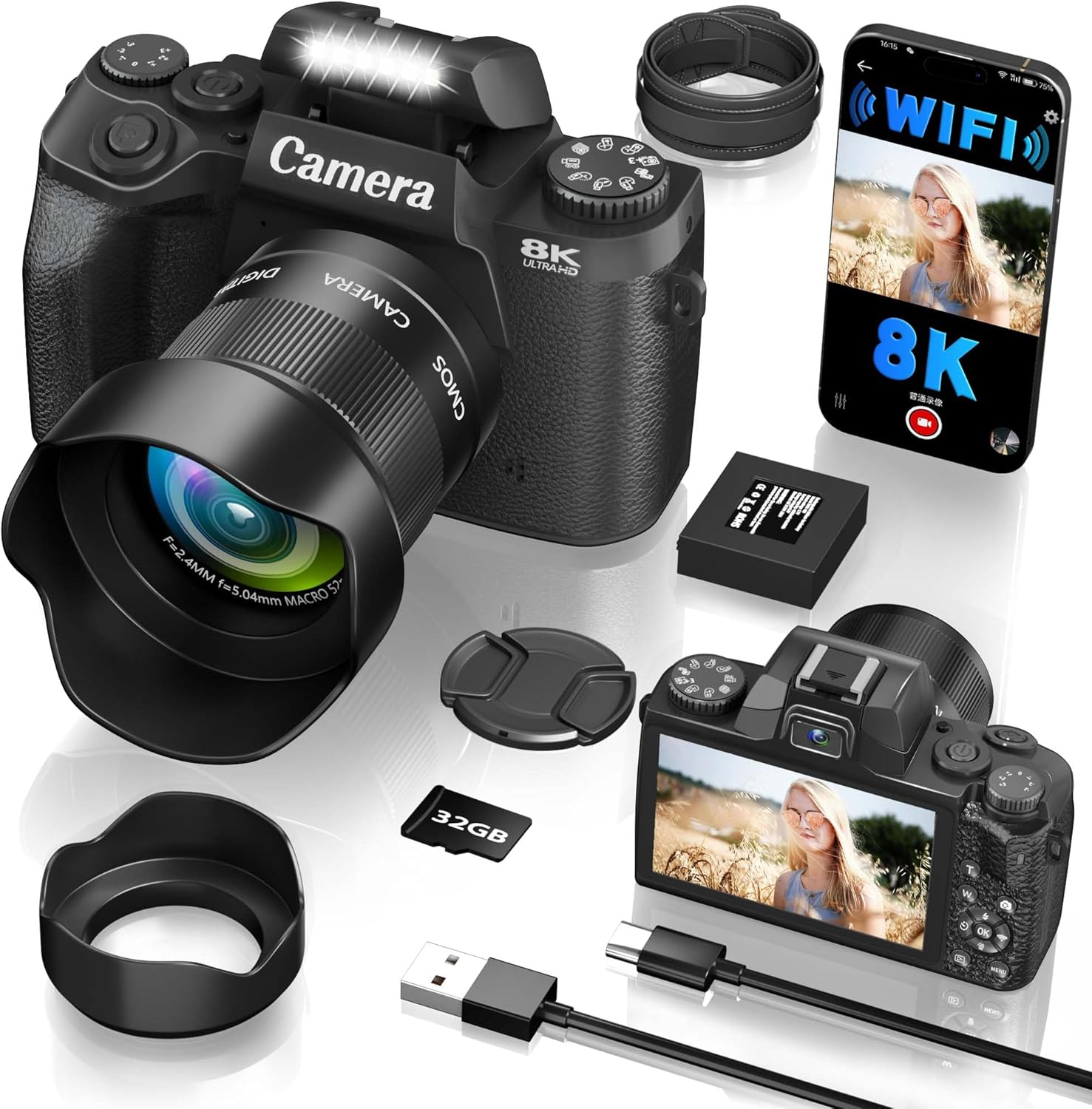 8K Digital Camera, 64MP WiFi Cameras for Photography with 4