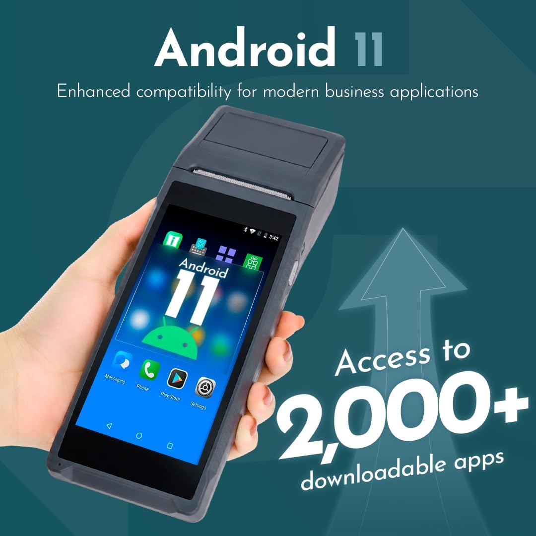 POS Store Q2i Mobile POS Terminal, Android 11 Handheld with 58mm Receipt Printer and 1D Barcode Scanner, All-in-One Point of Sale System for Retail, Restaurants, Cafés and Pop-Up Stores