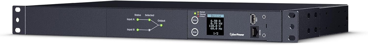 CyberPower PDU24002 Metered ATS PDU, 100-120V, 20A (Derated to 16A), 10 Outlets, 1U Rackmount