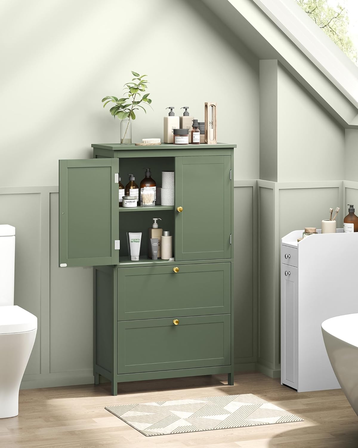 VASAGLE Bathroom Floor Storage Cabinet, Bathroom Storage Unit, Freestanding Cabinet with 2 Drawers and 2 Doors, Adjustable Shelf, 11.8 x 23.6 x 43.3 Inches, Forest Green UBBC551C01