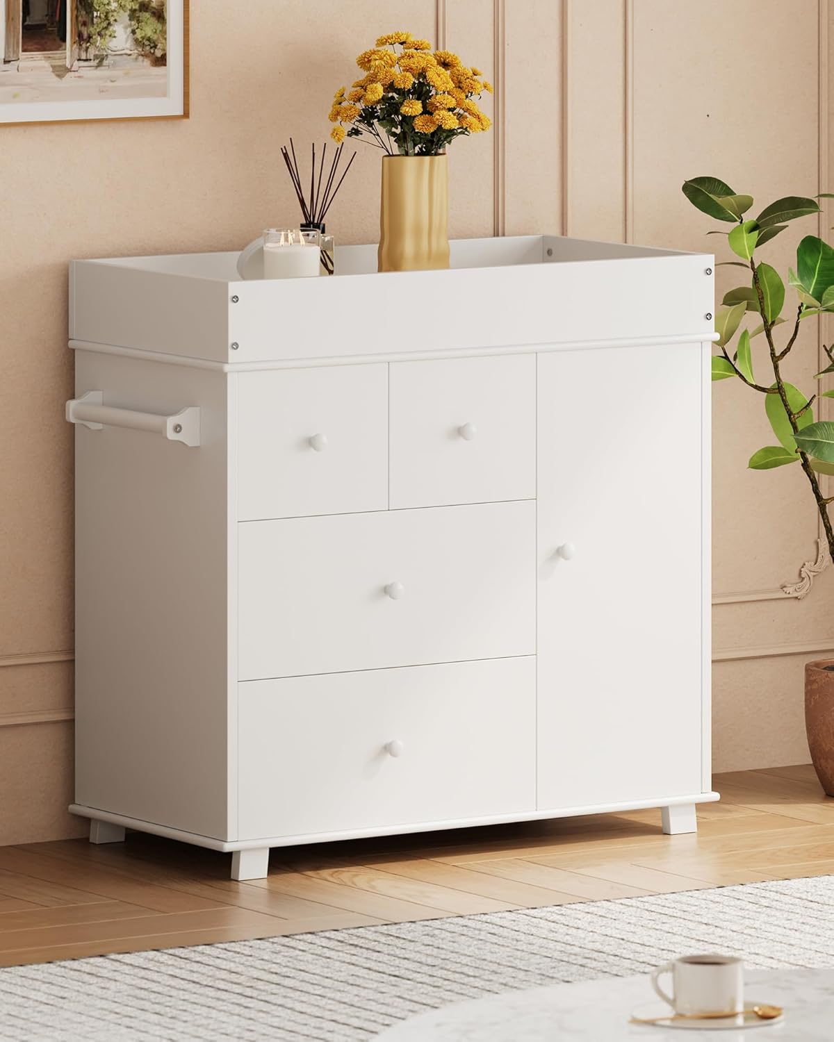 GarveeLife Changing Table Dresser, Nursery Baby Dresser with 3 Drawers and a Cabinet, Modern Diaper Changing Station with Pad, Storage Crib for Bedroom, Kids Room, Children's Room