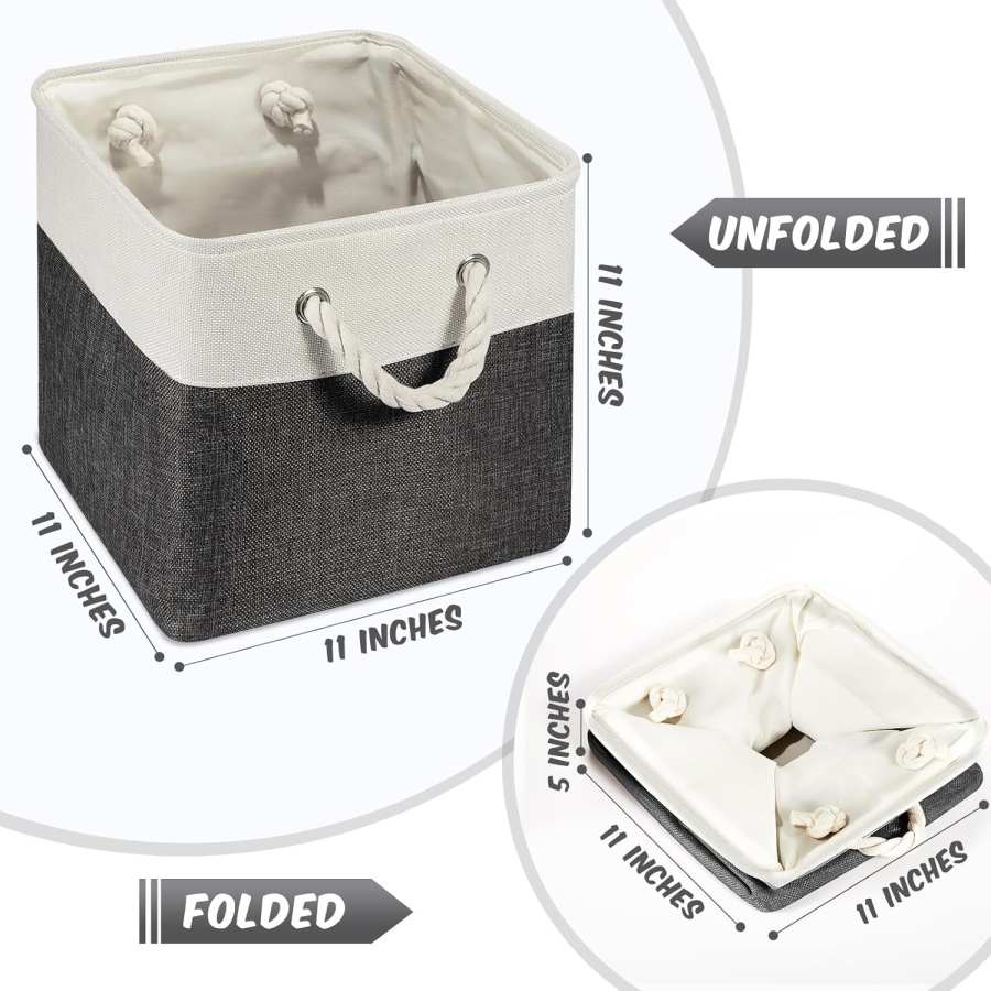 6 Pcs 11 x 11 Inch Cube Storage Bins Fabric Cube Storage Organizer Bins Foldable Storage Cube Baskets with Sturdy Carry Handles Multipurpose Storage Cube for Home (Black, White)