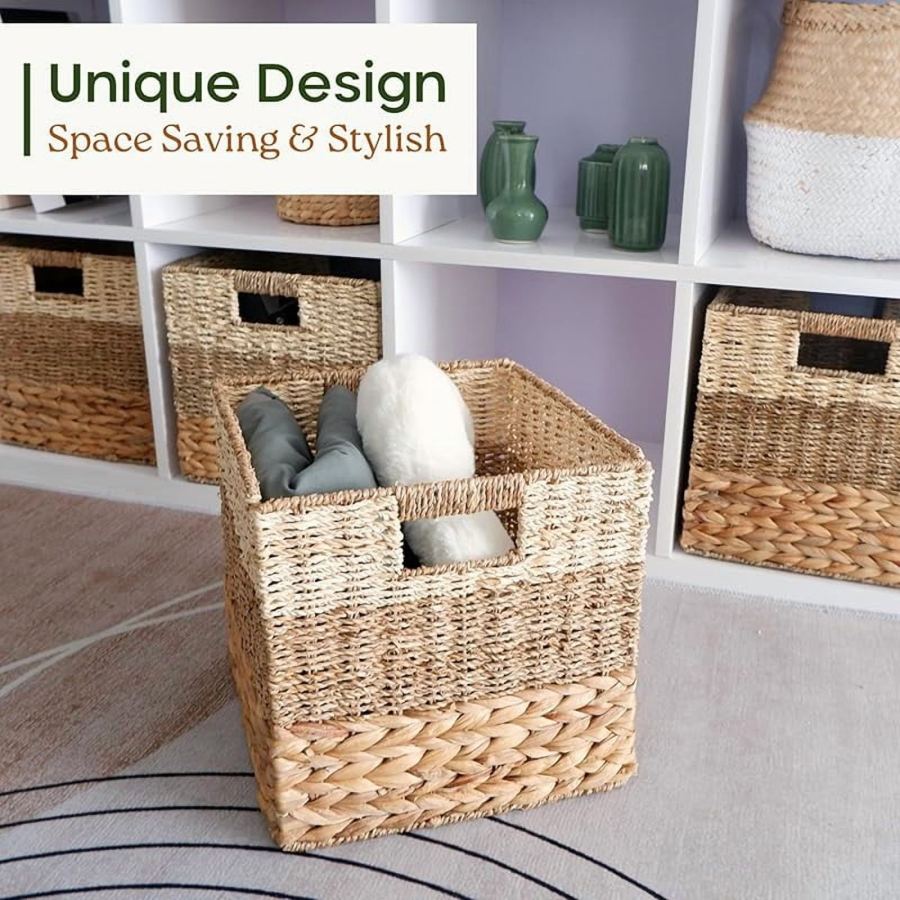 13x13x13 Storage Cube Bins Wicker Storage Basket for Cube Shelf, Natural Foldable Square Baskets for Storage, Large Woven Cube Storage Bin with Handle, Baskets for Pantry, Bedroom Set of 4