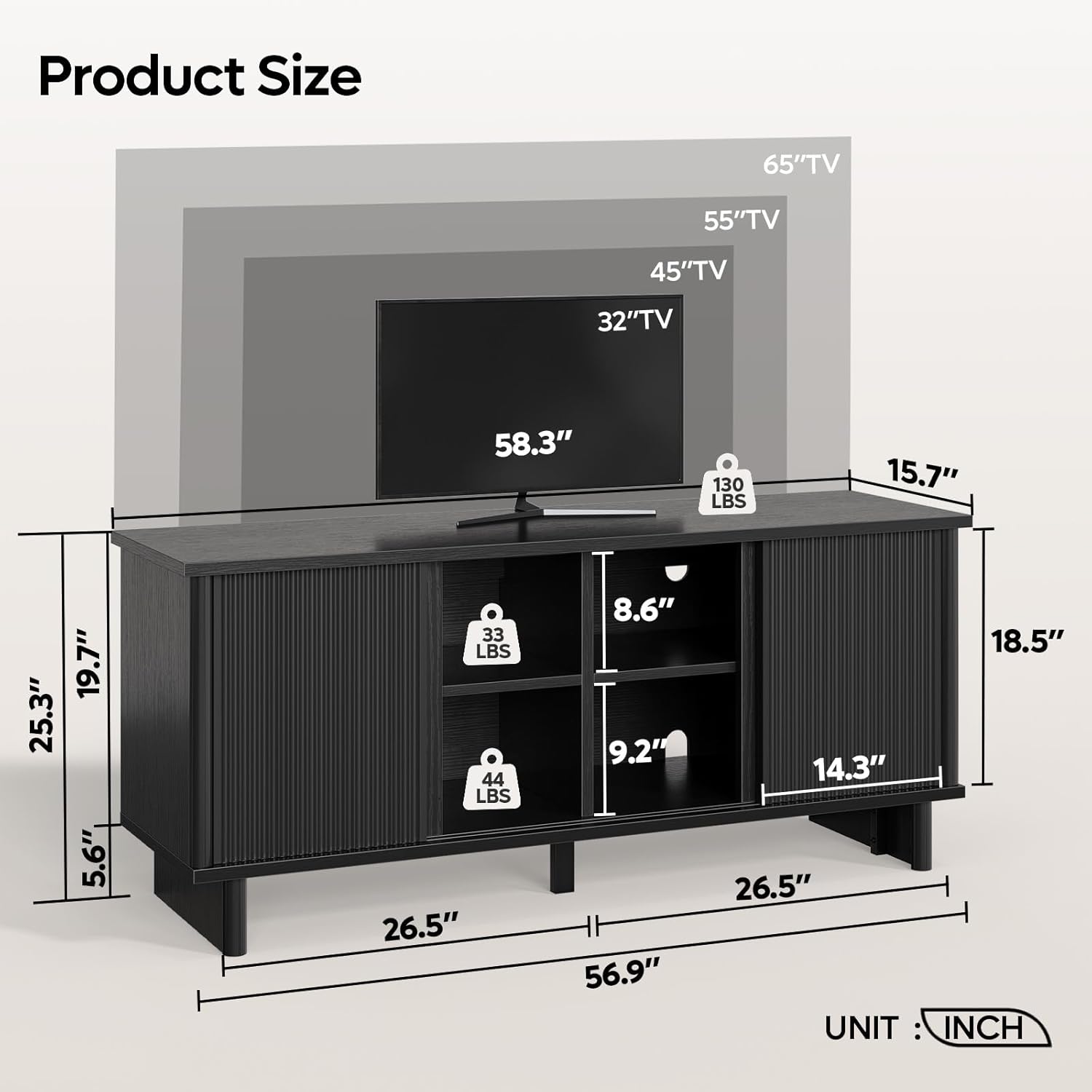 Bestier Mid Century Modern Tv Stand for 55/60/65 Inch TV, Solid Wood Legs Entertainment Center with Vertical Striped Sliding Door& Cable Management, Media Console Cabinet for Living Room(Black)