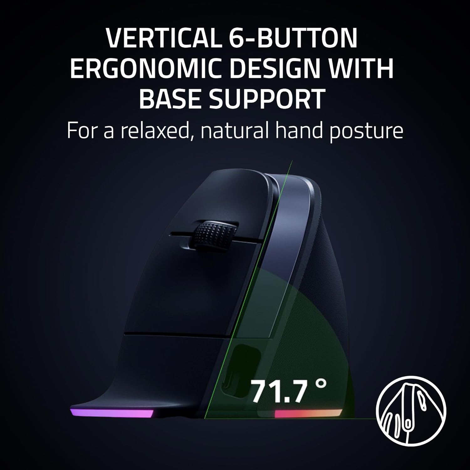 Razer Pro Click V2 Vertical Wireless Mouse: 6 Button Ergonomic Design - One Click AI Prompt - Supports Windows & Mac - Multi Device Connectivity via 2.4GHz, Bluetooth, or USB C Wired Mode - Chroma RGB