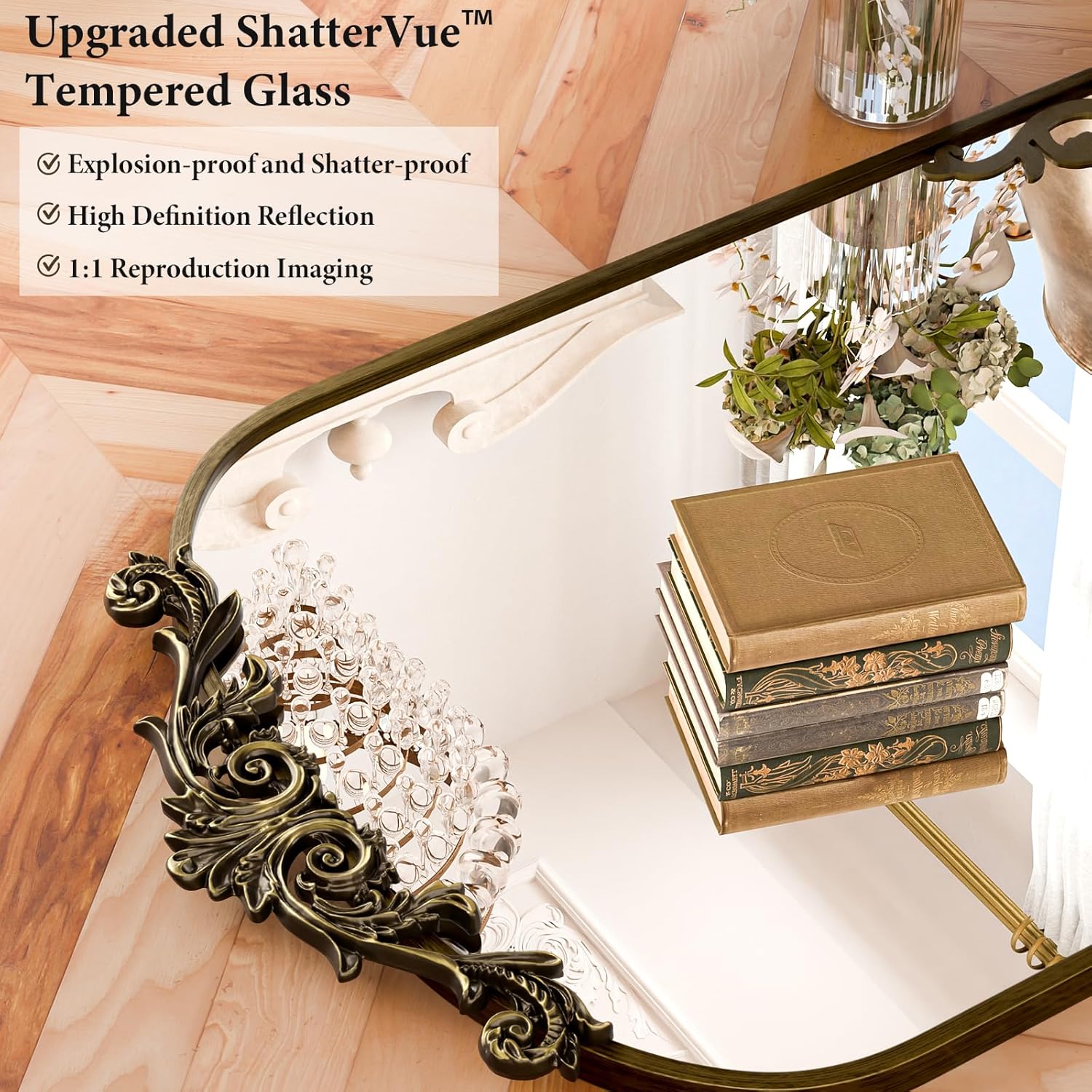 Koonmi Vintage Mirror, 26x38 Wall Mounted Vanity Mirror, Tempered Glass, Detachable Flower Head, Bronze Antique Decorative Mirror for Bathroom Entryway Fireplace Living Room Hallway