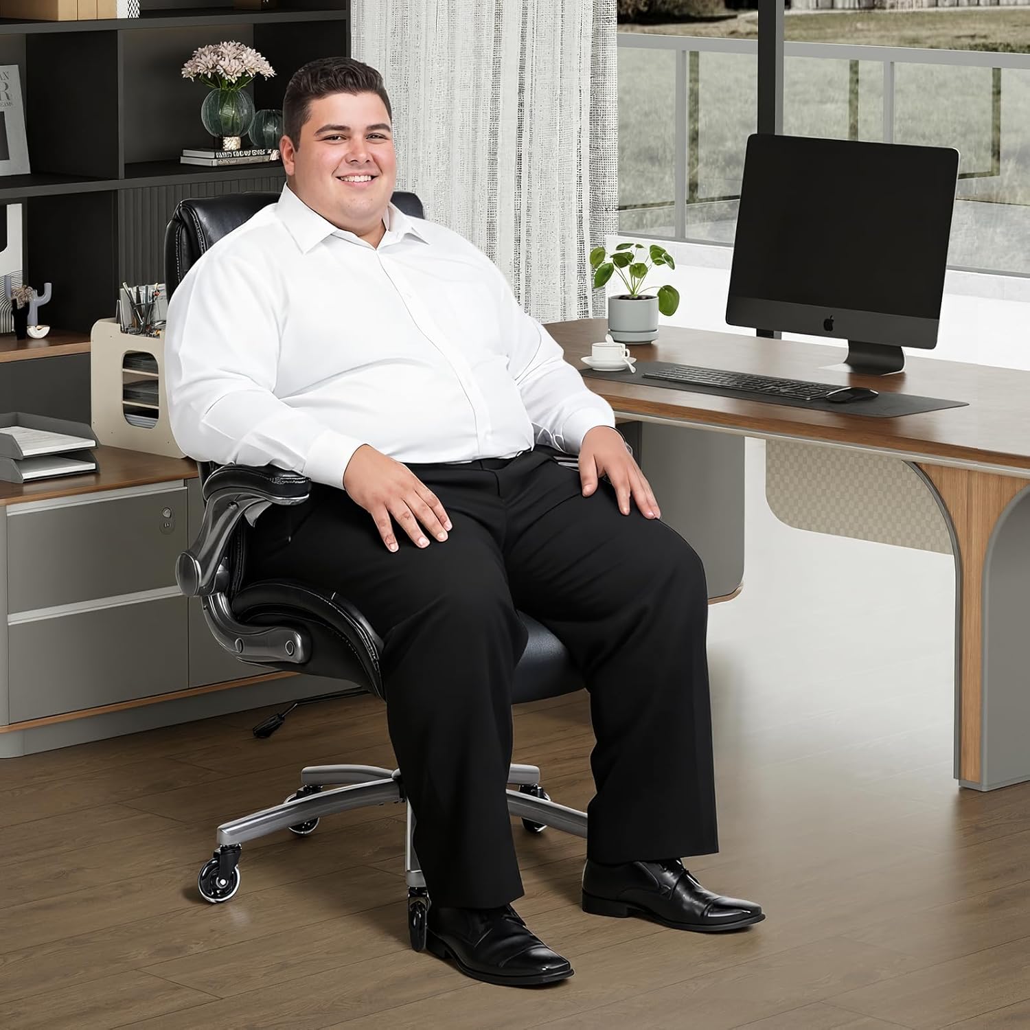 Ergonomic PU Leather Executive Office Chairs, High-Back Home Computer Chair with Lumbar Support, Flip-Up Arms, Black