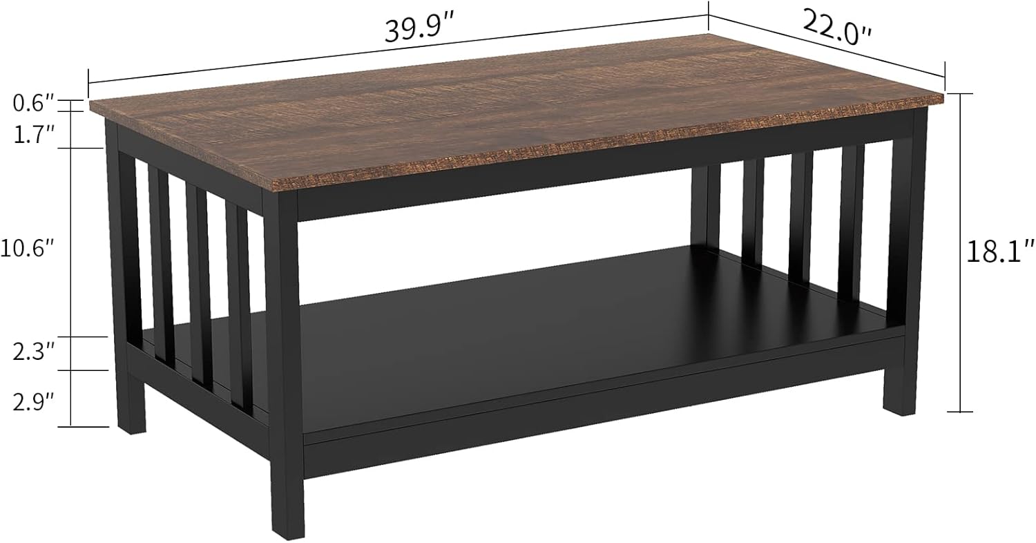 ChooChoo Farmhouse Coffee Table, Black Living Room Table with Shelf, 40 Inch