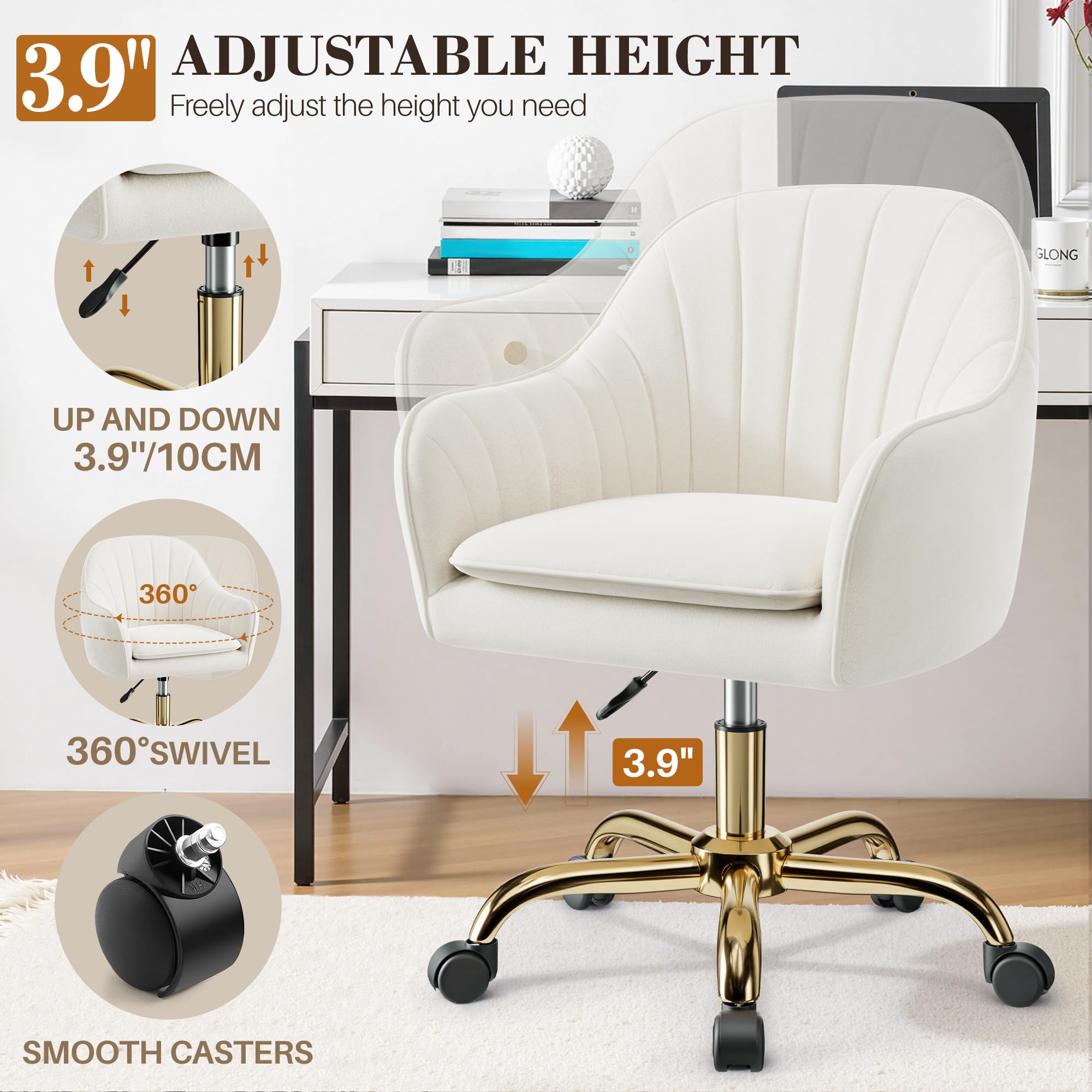 BESTERA Vanity Chair with Wheels - Adjustable Velvet Makeup Chair