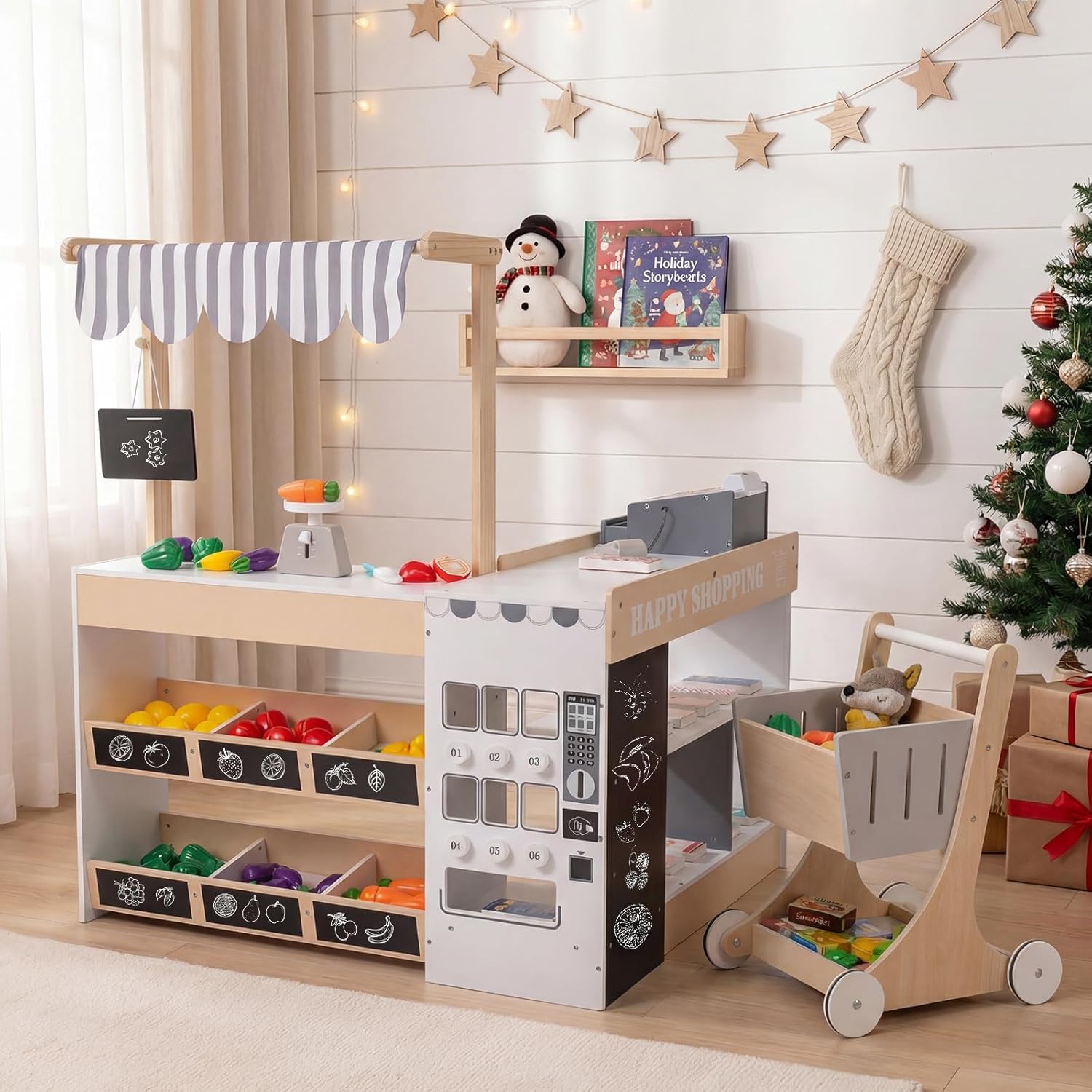 Costzon Kids Grocery Store Playset, Wooden Play Store w/Lights & Sound, Shopping Cart, Blackboards & Cash Register, Toddler Toy Grocery for Boys and Girls Ages 3+ (Natural, 35.5