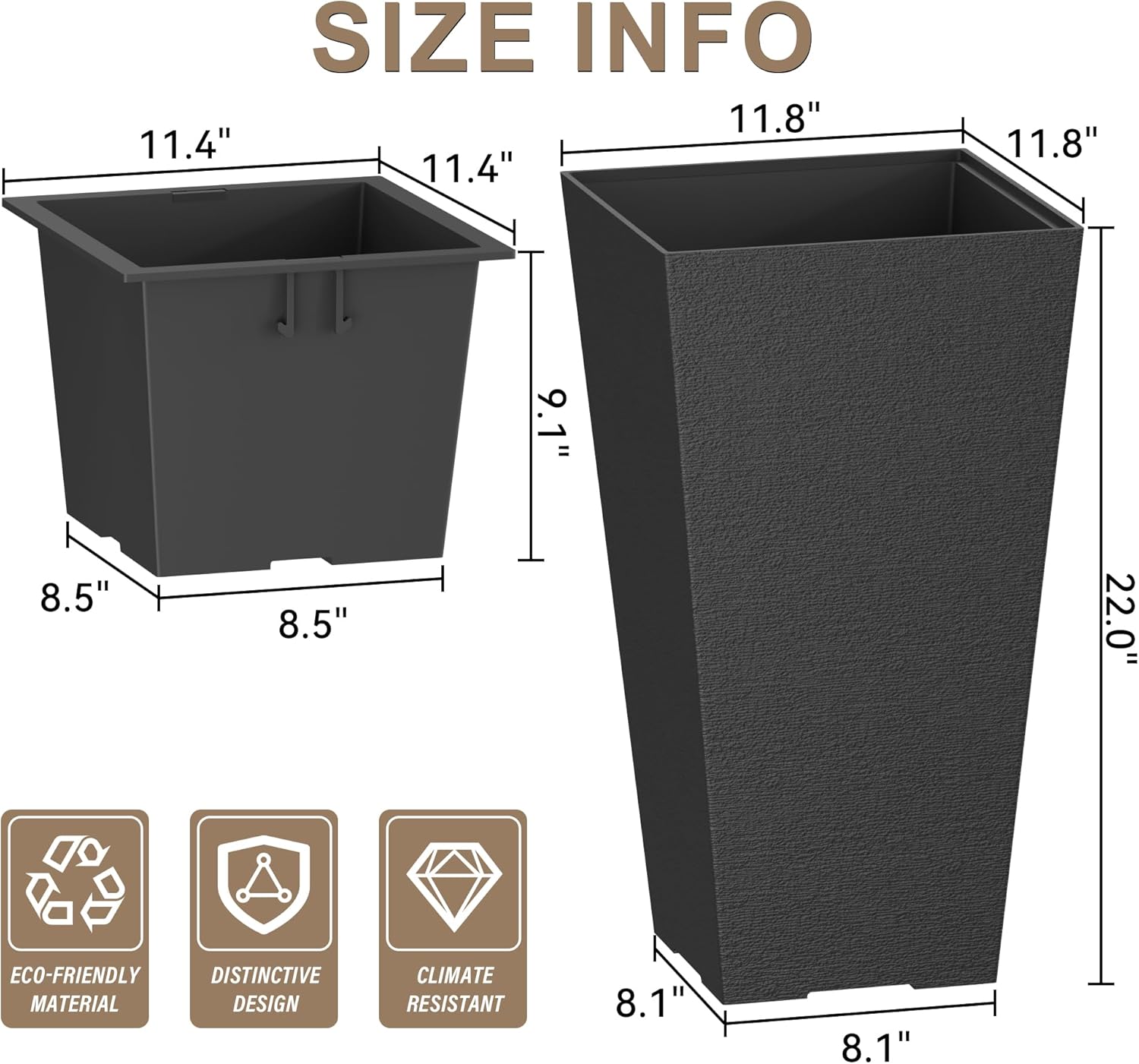 Kante 22 Inch Tall Planter Set of 2, Large Taper Planter for Outdoor Indoor Garden Patio Front Door (Black)