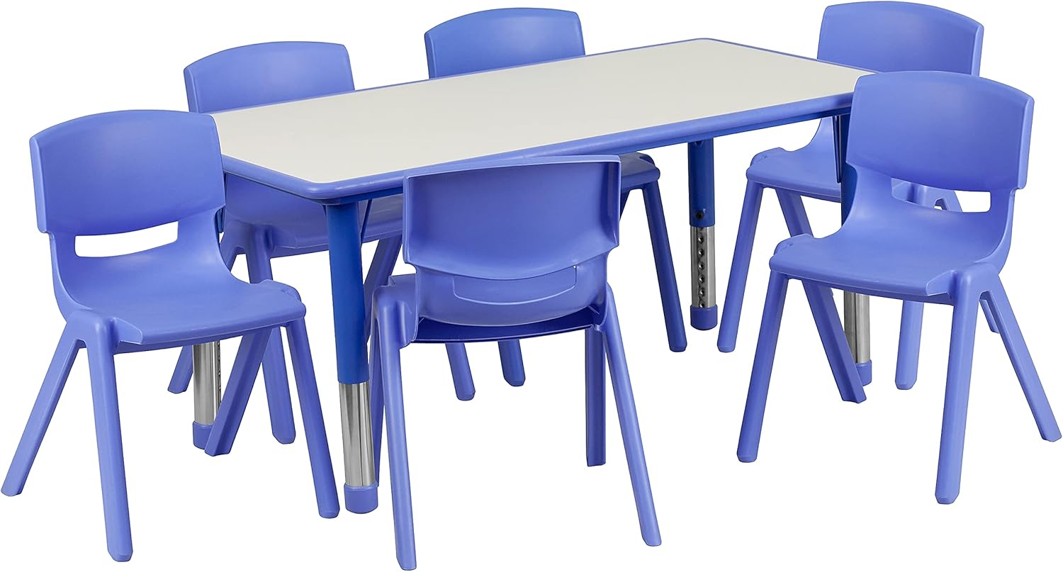 Flash Furniture Emmy Adjustable Classroom Activity Table with 6 Stackable Chairs, Plastic Activity Table for Kids, 23.625