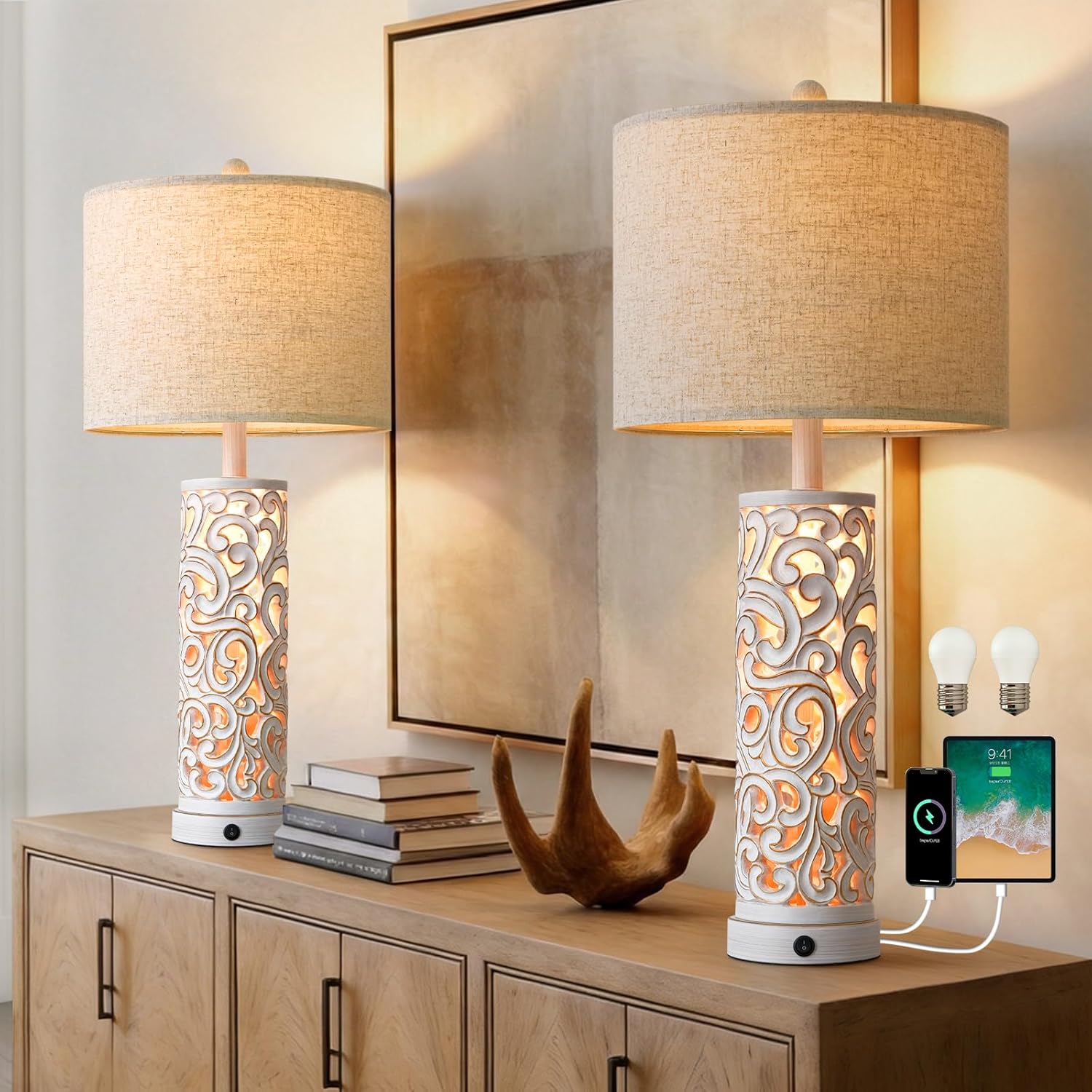 OYEARS 2-in-1 Light Table Lamp Set of 2 for Living Room, 28.5