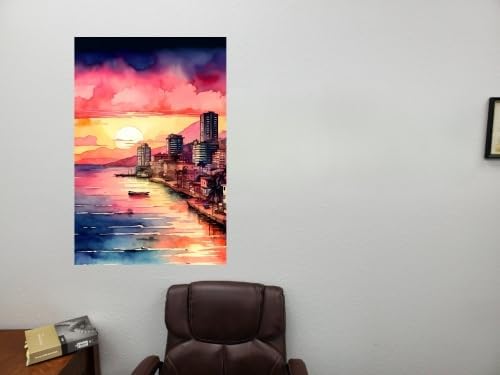 Fine Art Print - Coastal Outrun Sunset Watercolor Canvas Wall Art, Vaporwave Cityscape, Cyberpunk Beach Vacation (24x36)