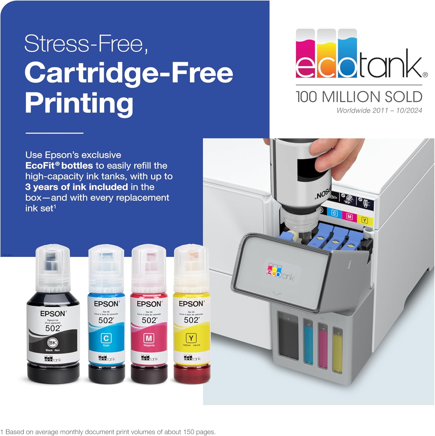 Epson EcoTank ET-3950 Wireless All-in-One Color Supertank Printer with up to 3 Years of Ink Refillable Tanks, Perfect for Home Office, 18 PPM, 2.4