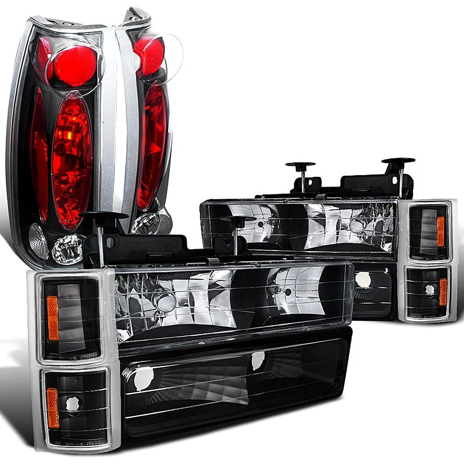 Spec-D Tuning Black Headlights + Bumper & Corner Lamps + LED Bumper Fog Light Compatible with Chevy C/K 1500/2500/3500 Left + Right Pair Headlamps Assembly