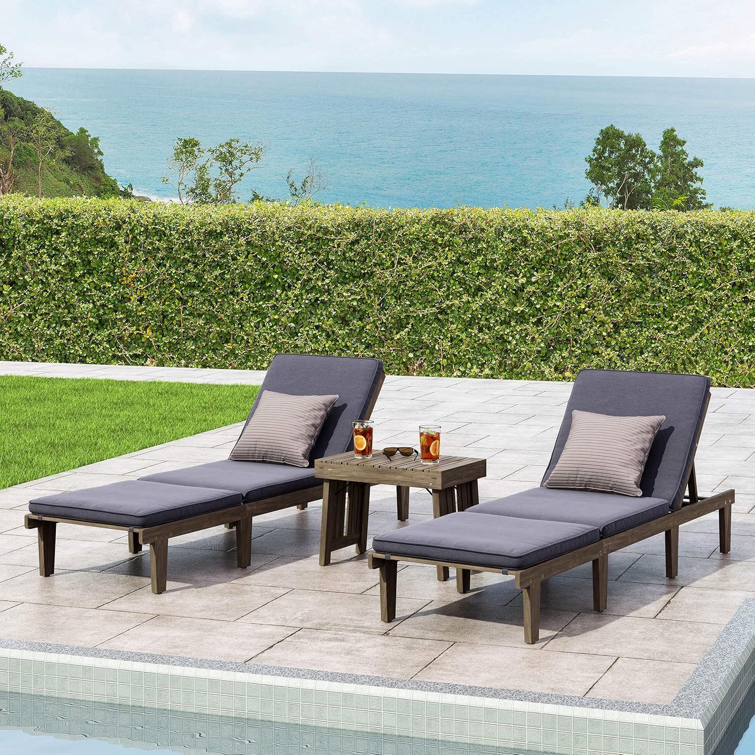 Christopher Knight Home Elliott Outdoor Acacia Wood 3 Piece Chaise Lounge Set, Gray Finish, Dark Gray