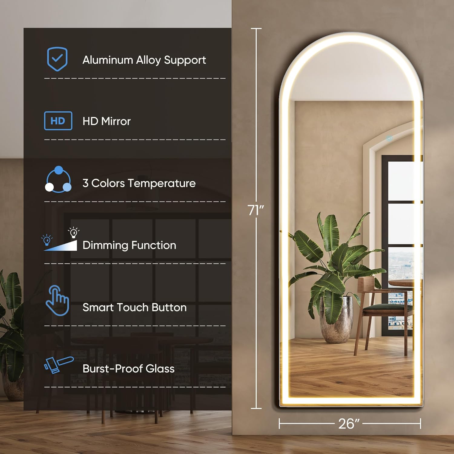 DUMOS Arched Full Length Mirror with Light- 26