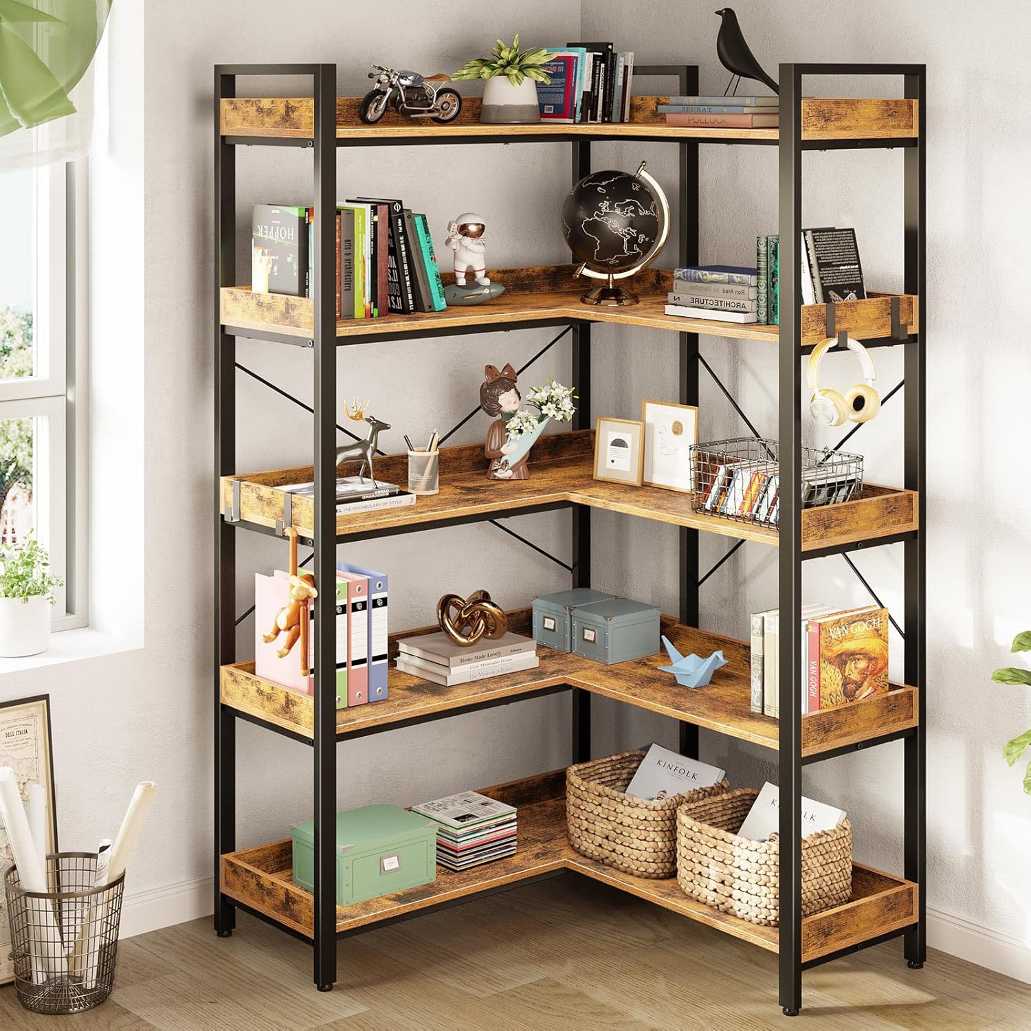 Rolanstar Bookshelf 5 Tier with 4 Hooks, Reversible Corner Bookshelf, 65