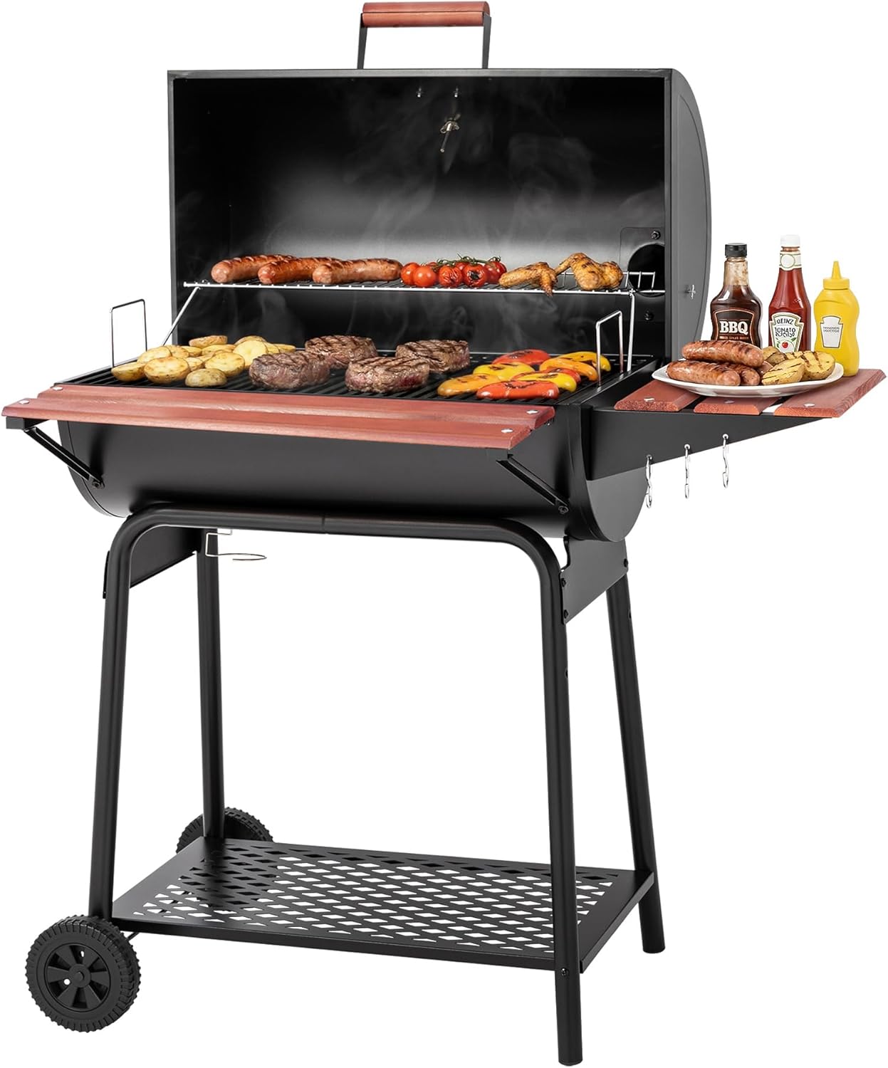 Royal Gourmet CC1830V 30 Barrel Charcoal Grill with Wood-Painted Side Front Table, 627 Square Inches Cooking Space, for Outdoor Backyard, Patio and Parties, Black