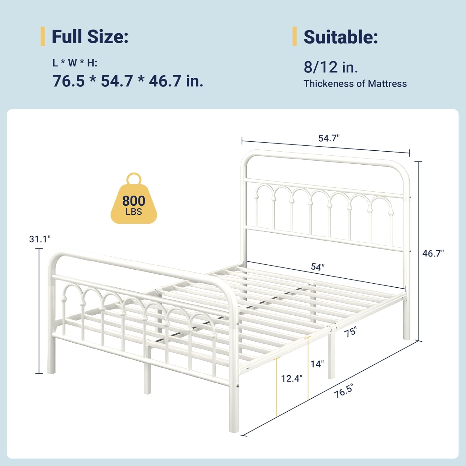 Allewie 14 Inches Full Size Metal Platform Bed Frame with Victorian Style Curved Iron-Art Headboard/Footboard, Easy Assembly, Under Bed Storage, No Box Spring Required, Cream White