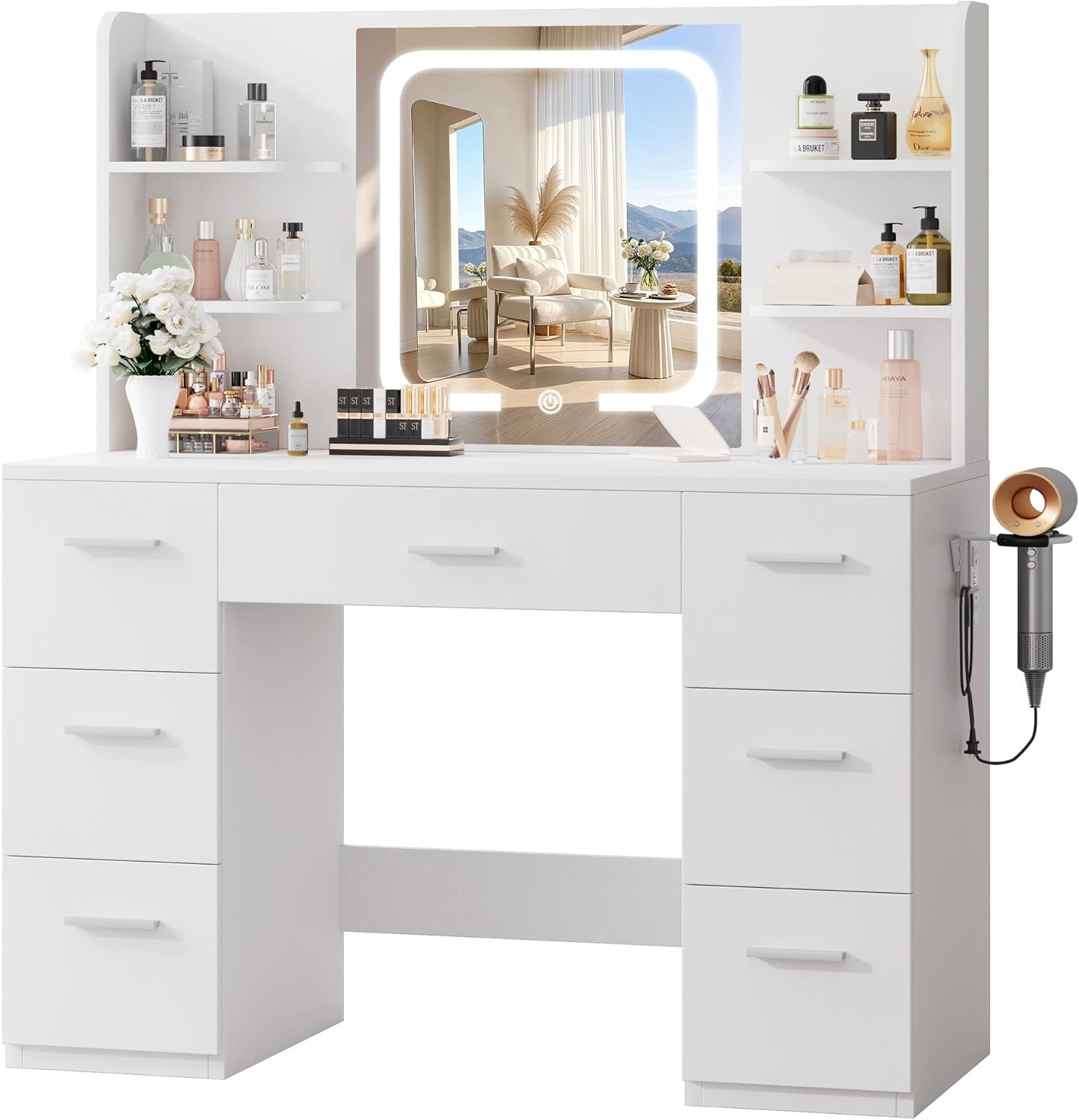 LIVELYGLOW White Large Makeup Vanity Desk with Smart LED Mirror & Power Station, 43