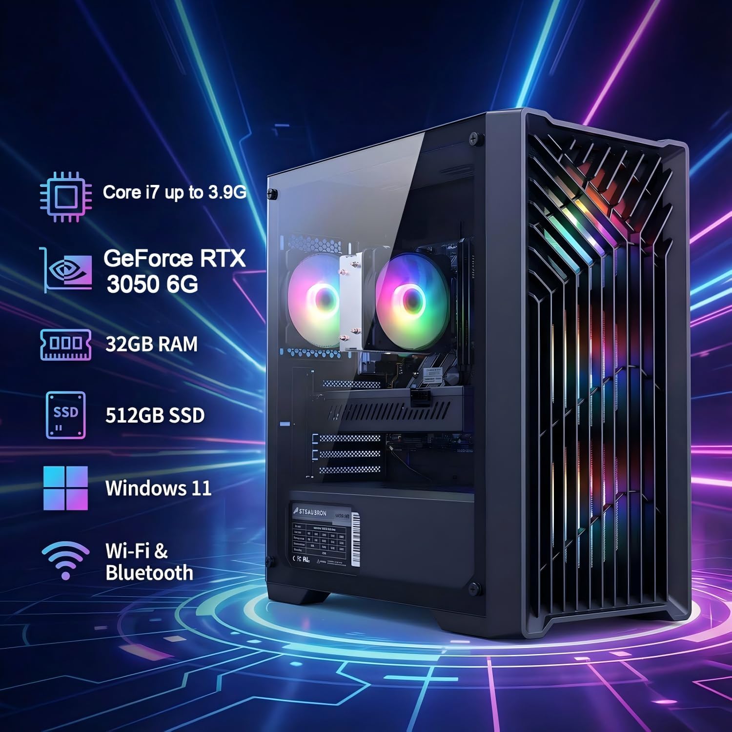 STGAubron Gaming PC Desktop Computer, Intel Core i7 up to 3.9G, GeForce RTX 3050 6G, 32GB RAM, 512GB SSD, WiFi 6, BT 5.0, RGB Fan x 4, Windows 11 Home