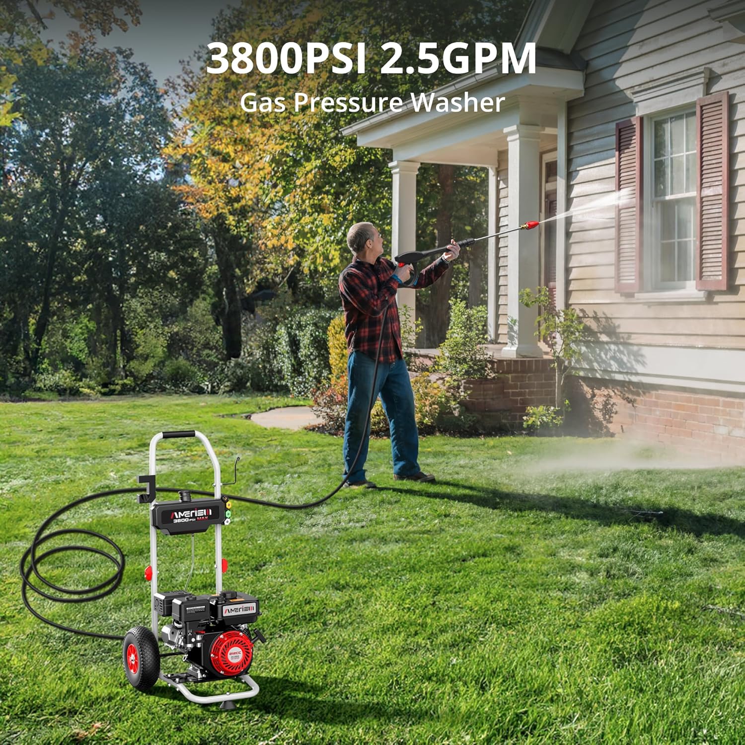 AMERISUN 3800 PSI Gas Pressure Washer 2.5 GPM with 212cc 4-Stroke OHV Engine, 5 Quick-Connect Nozzles & 10