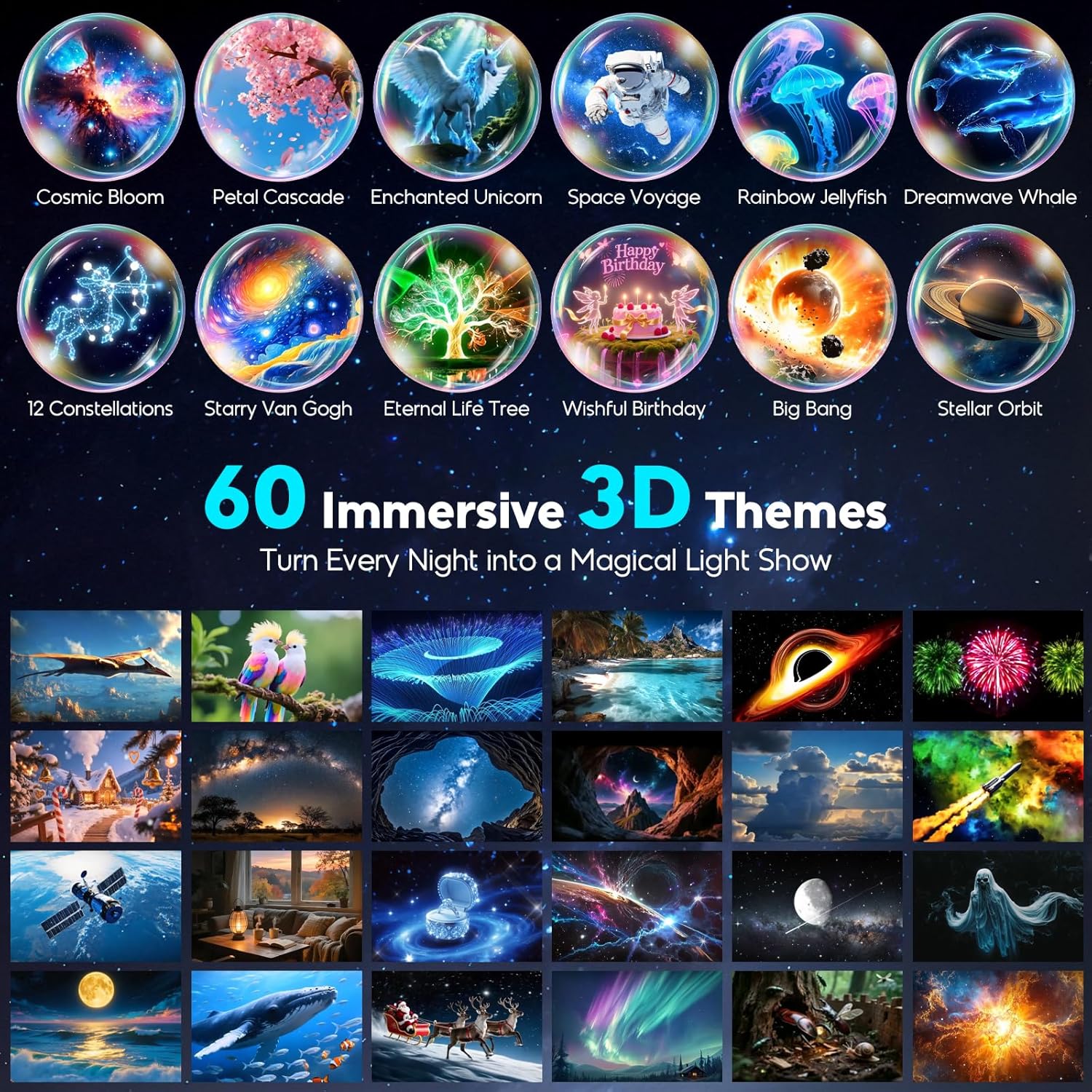 3D Galaxy Projector with 60 Immersive Themes, HD Immersive Star Projector with Bluetooth Speaker & Timer, Aurora Nebula Projector Night Light for Room/Christmas/Party/Birthday (White) (Grey)